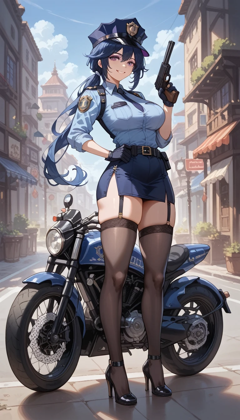 ultra-detailed, 1girl, solo, clorinde \(genshin impact\), ((masterpiece)), (best quality), (highres), 16K, purple eyes, low ponytail, blue hair, long hair, wearing hat, police uniform, black thighhighs, miniskirt, high heels, busty body, large breasts and a beautiful ass, showcasing cleavage, legs, hips, looking at viewer, smile, gun, holding gun, detailed face, detailed hair, detailed full body, motorcycle background