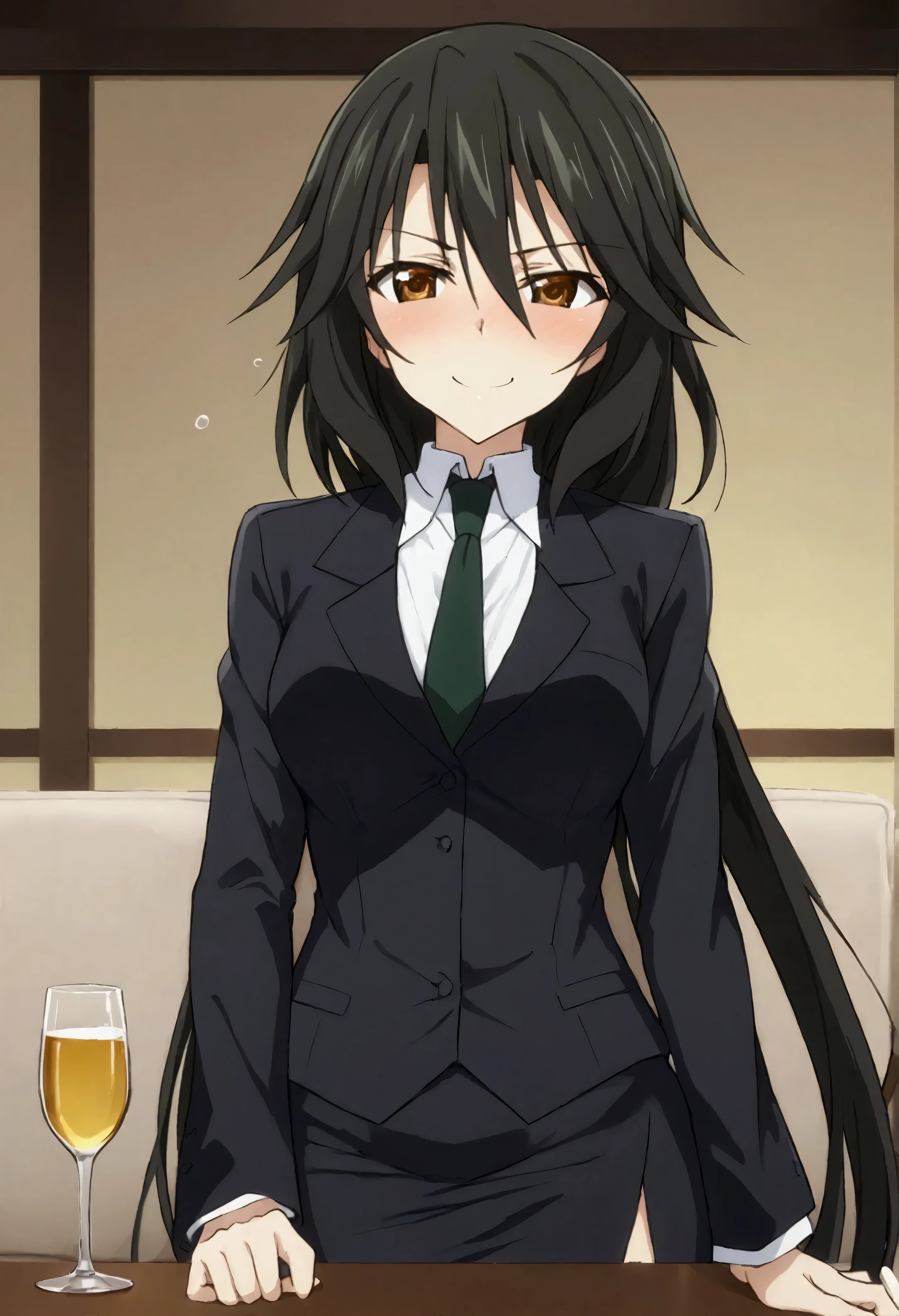 NSFW,masterpiece,Best Quality,High resolution,Very detailed,Chifuyu Orimaru\(Infinite Stratos\),Long Hair、bangs、Black Hair、Hair between the eyes、 Brown Eyes ,shirt、Long sleeve、jacket、白いshirt、tie、黒のjacket、suit、黒のtie、 pencil skirt,Western-style room,Sofa,Low table,Alcohol,glass,Drunk,blush,Smirking face