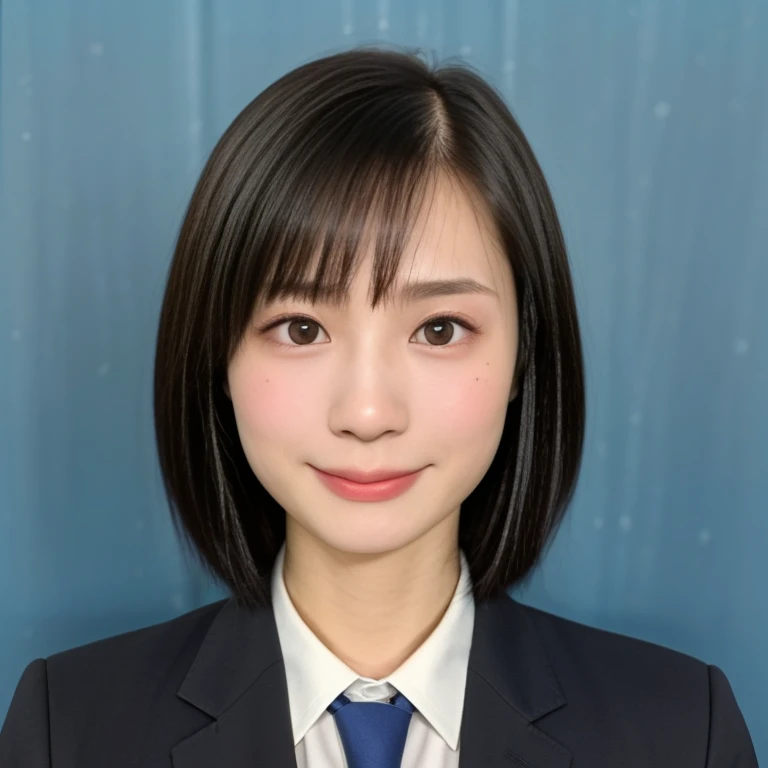 NSFW, (kawaii 24 year-old Japanese girl, Nogizaka idol, Korean idol), healthy female athlete body, (glossy black hair, very short hair, pixie cut, bangs:1.3), (rounded face, beautiful black eyes, single eyelid, no makeup:1.2), (seductive smile, facing straight to the camera), (wearing suit jacket, collared shirt, necktie:1.3), (well shaped extra small breasts), narrow shoulders, short neck, BREAK, (plain blue background, id photo, yearbook photo:1.3), (view from straight forward, bust shot:1.3), BREAK, (masterpiece, best quality, photo realistic, official art:1.4), (UHD, 8K quality wallpaper, high resolution, raw photo, golden ratio:1.3), (shiny skin), professional lighting, physically based rendering, award winning, (highly detailed skin, extremely detailed face and eyes, anatomically correct body parts), Carl Zeiss 85 mm F/1.4, depth of field, 1girl, solo,