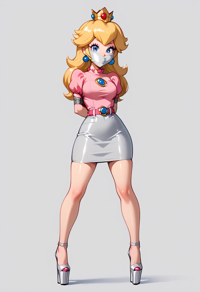 score_9, score_8_up, score_7_up, 1girl (Peach from super mario lore, , wearing tight pencil skirt, belt, tight blouse, platform heels:1.2), flirt, gaze, sexy look, half-closed eyes, head tilt, makeup, front,view, (full bodies in view) expressiveh d4rk01l, perfect hands, perfect proportions, simple background.  shibari, bound arms, arms behind back, legs apart, wrap tape gag, gray tape.