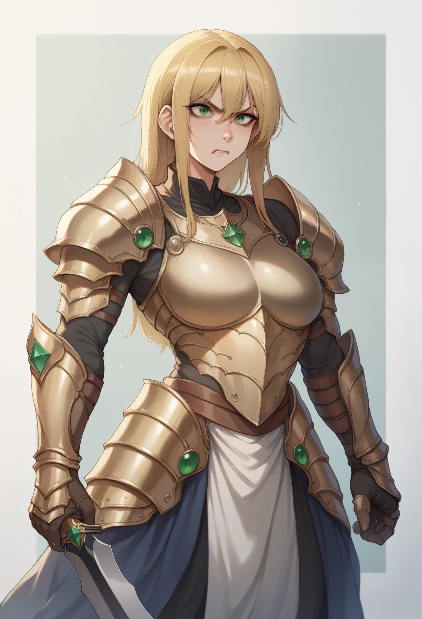 Sciamano240 style, 1girl, solo, dark blonde hair, bright green eyes, angry, massive heavy armor, Curved Sword Slash, cowboy shot