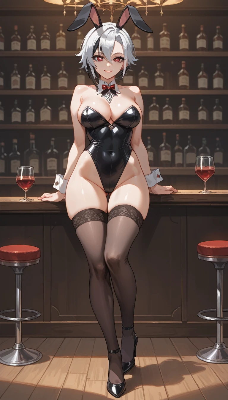 ultra-detailed, 1girl, arlecchino_\(genshin_impact\), ((masterpiece)), (best quality), (highres), 16K, perfect face, sidelocks, x-shaped_pupils, white hair, black hair, bangs, wearing rabbit ears, black leotard, thighhighs, high heels, busty body, large breasts and a beautiful ass, showcasing cleavage, legs, hips, looking at viewer, smile, detailed full body, bar background