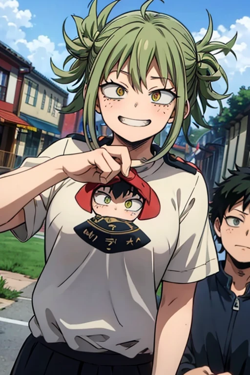 (masterpiece, Best Quality) 、Himiko Toga - My Hero Academia、Midoriya Izuku / deku / My Hero Academia、Green Hair、Double Bang、Messy Hair、bangs、Yellow Eyes、Dark circles under the eyes、Freckles、smile、A well-trained body 、balance、Blushing、White Breath、Body temperature、In the middle of town、Show the whole body