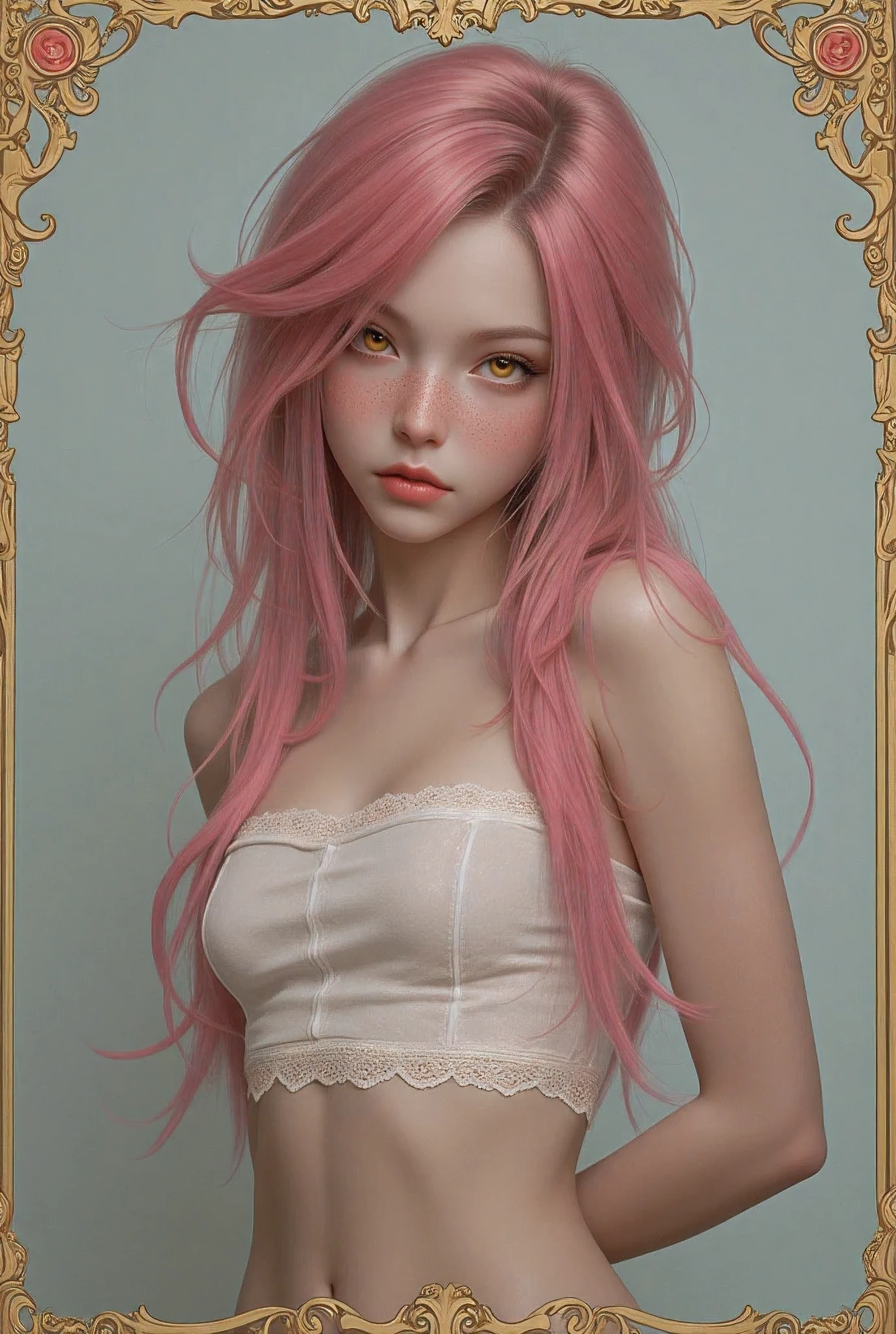 (best quality, highres), portrait, upper body, young cool type girl, long hair, swept-side bangs, [[[pink hair]]], orange eyes, small pointy breasts, plain wall, ultra detailed cg, hyperrealistic and photorealistic style, detailed skin texture and coloring, (underboob), tube top, red lips, surreal, art nouveau, in the illustrative style of moebius, magical, mystical, psychedelic, fantasy, ethereal, gold border, graphic novel, line drawing, traditional, vintage, elegant, chic, sophisticated, (arms behind back), big expressive eyes, ulzzang, Slender、Slender body、asian high school girl, freckled face, heavy blushing, swirling patterns,inconsistent perspective,unnatural proportions,detailed,unsettling,high contrast,ethereal atmosphere,vibrant hues,uncanny,dreamscape,surrealistic,unrestrained imagination,incoherent thoughts,bizarre scenarios,distorted emotions,intense,hallucination,transformative,unpredictable,whimsical, 
