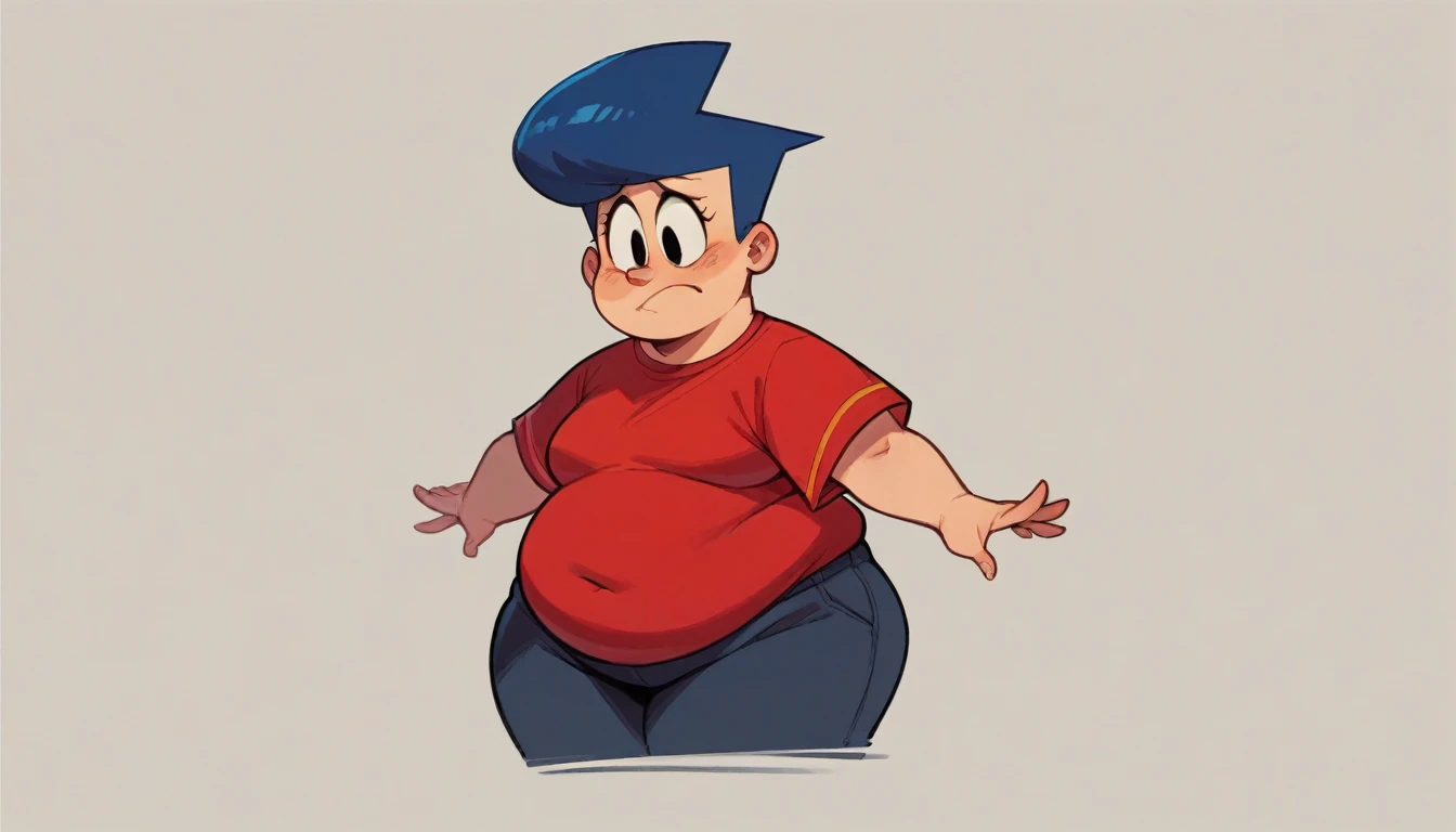 1girl, solo, Blake, blue hair, black eyes, red shirt, gain so much weight