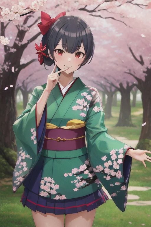 Best Quality, masterpiece, High resolution, Alone,{Lindsay_ The Idolmaster Shiny Colors:1.15}, red_eye, 前hair, , black_hair, smile, green_hair, short_hair, hair_ Ornament , closure_mouth,Shrine maiden, Japanese clothing, kimono, Hakama skirt, wide sleeves, Long sleeve, sleeve with ribbon decoration,cherry blossoms,Spring Forest ,舞い散るcherry blossomsの花びら