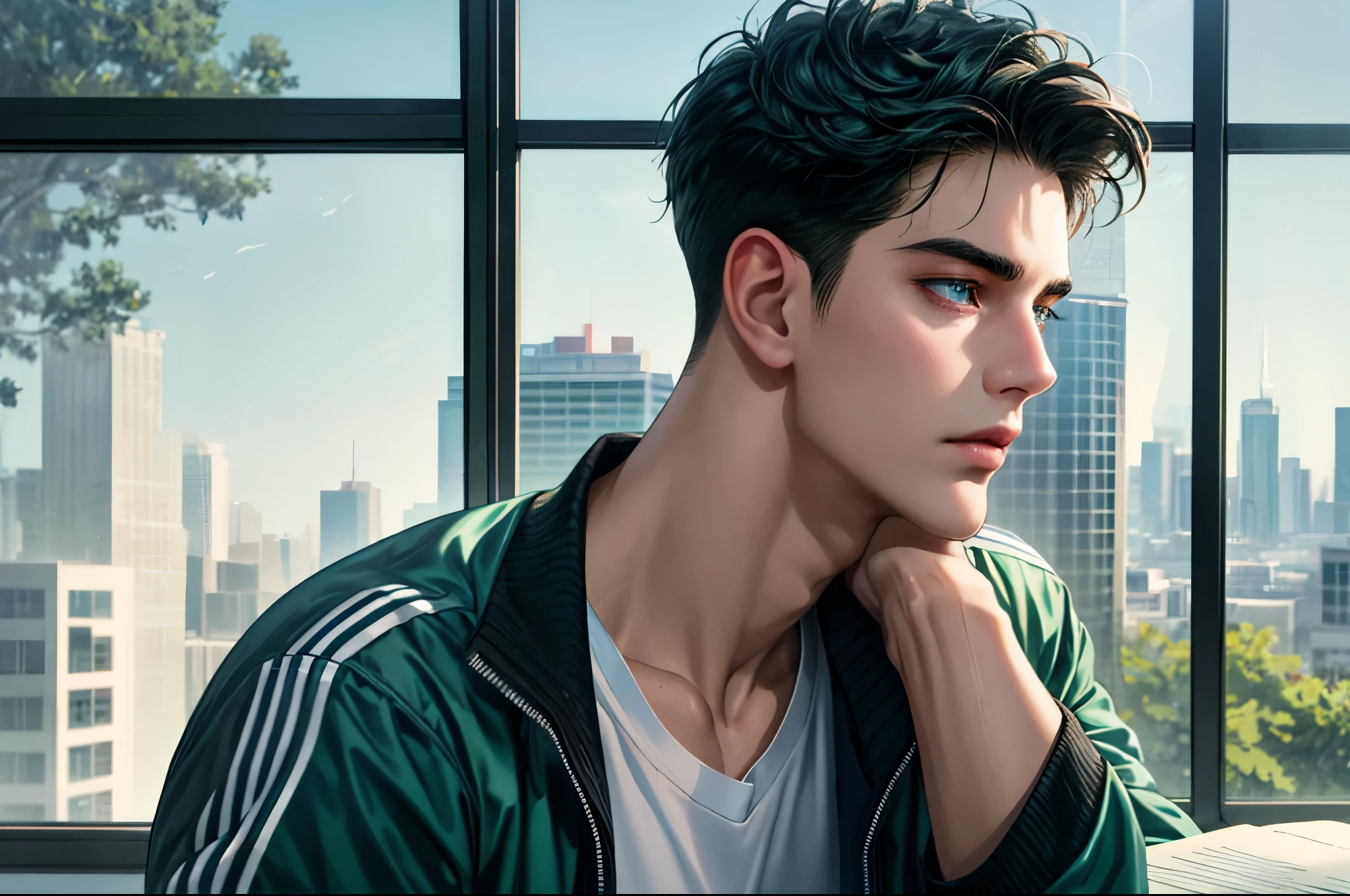 a handsome young man, black hair, I want to, short hair, blue eyes, ombros largos, masterpiece, Absurd, beautiful and detailed face,  with dark green Adidas jacket , Sunny day atmosphere , in a classroom, looking out a window,  notebook with a bored expression