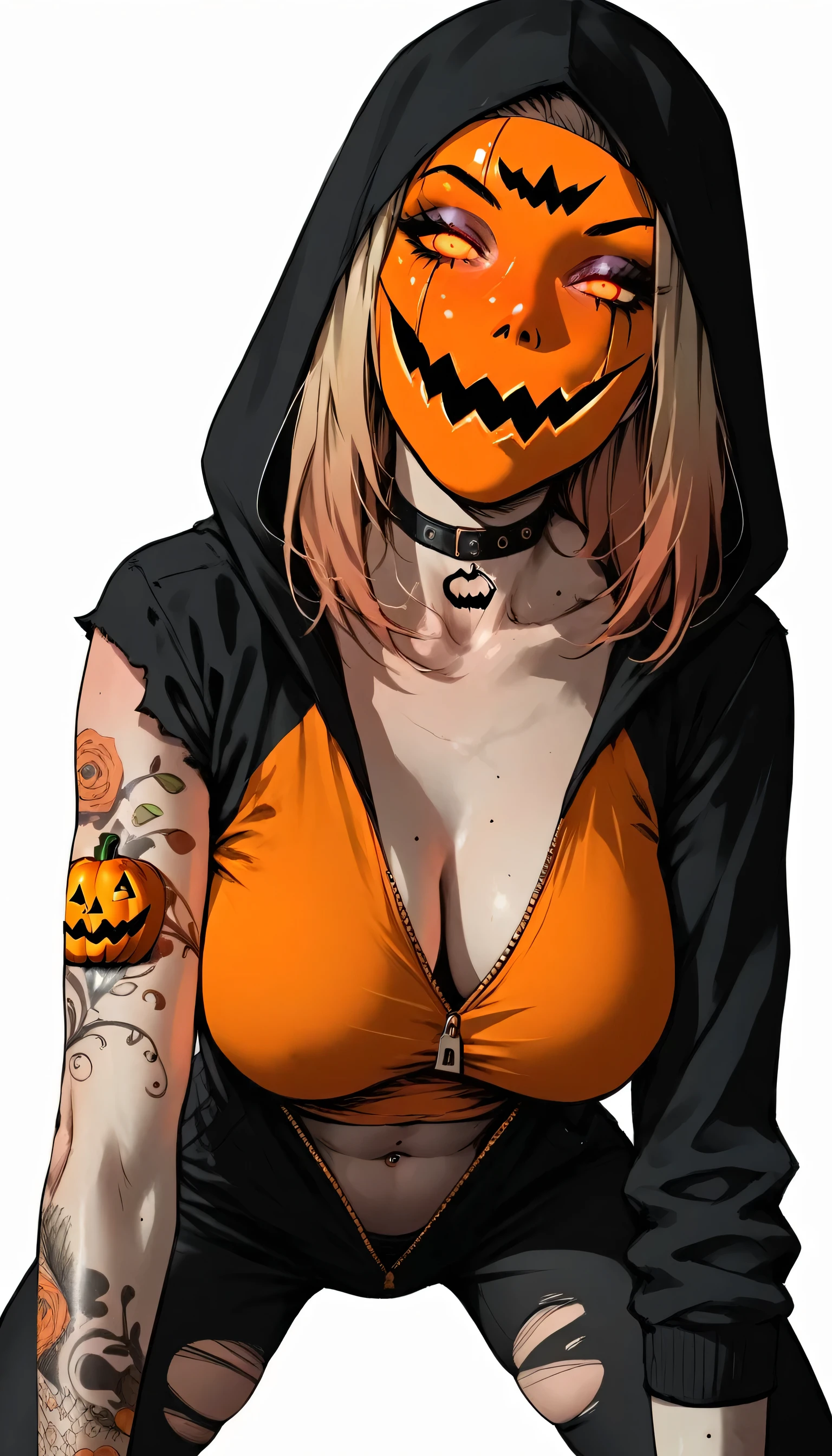 (NSFW, ripped orange yoga pants doggy style sex:1.3), Seductive Pumpkin Goddess Slut, Jack O Lantern mask, (tits out, open zip-up Jack O Lantern Hoodie:1.3), Bloody Slasher Girl, Holding A Hatchet, Busty Tattooed Pumpkin, Horror Babe, Halloween Slut, White Background 