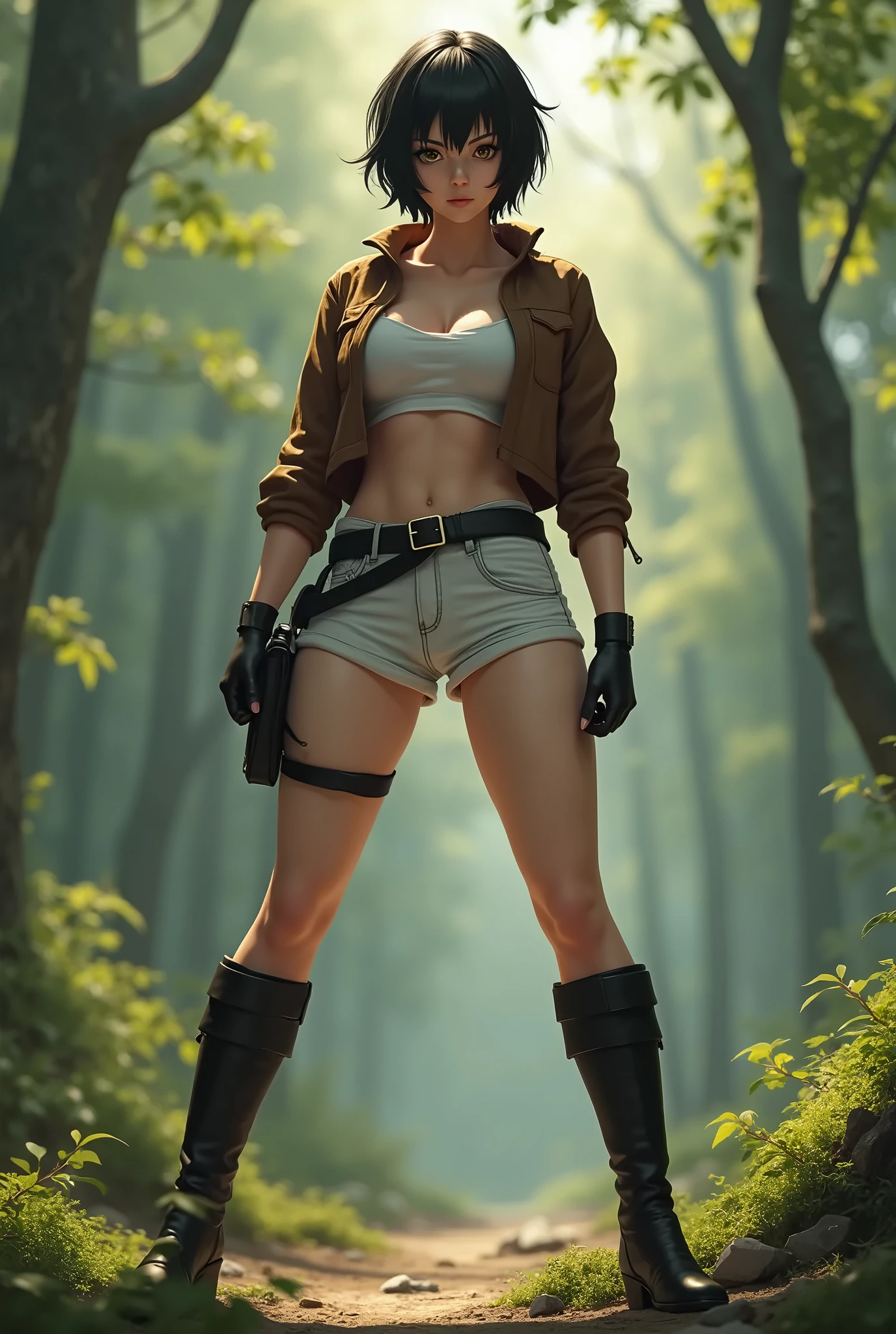 Creating an illustration of a young girl, short brown ponytail, golden eyes, tanned skin, no breasts!!! - she's wearing a leather harness, white sleeveless t-shirt, black fabric short, leather belt, make full body - walk in the night forest. - digital art style