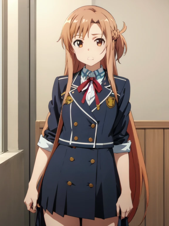 Highest quality, masterpiece, ultra super detailed,High resolution,8k,16k,32k,anime,cinematic lighting,(Perfect anatomy,anatomically correct,ultra-detailed skin),yuuki asuna,yuuki_asuna,Eft_sao_asuna, asuna,1girl,solo, standing,embarrassing,(Brown Hair, Brown eyes), Long Hair, Hair Ribbon,(sailor uniform),Looking at viewer, bedroom