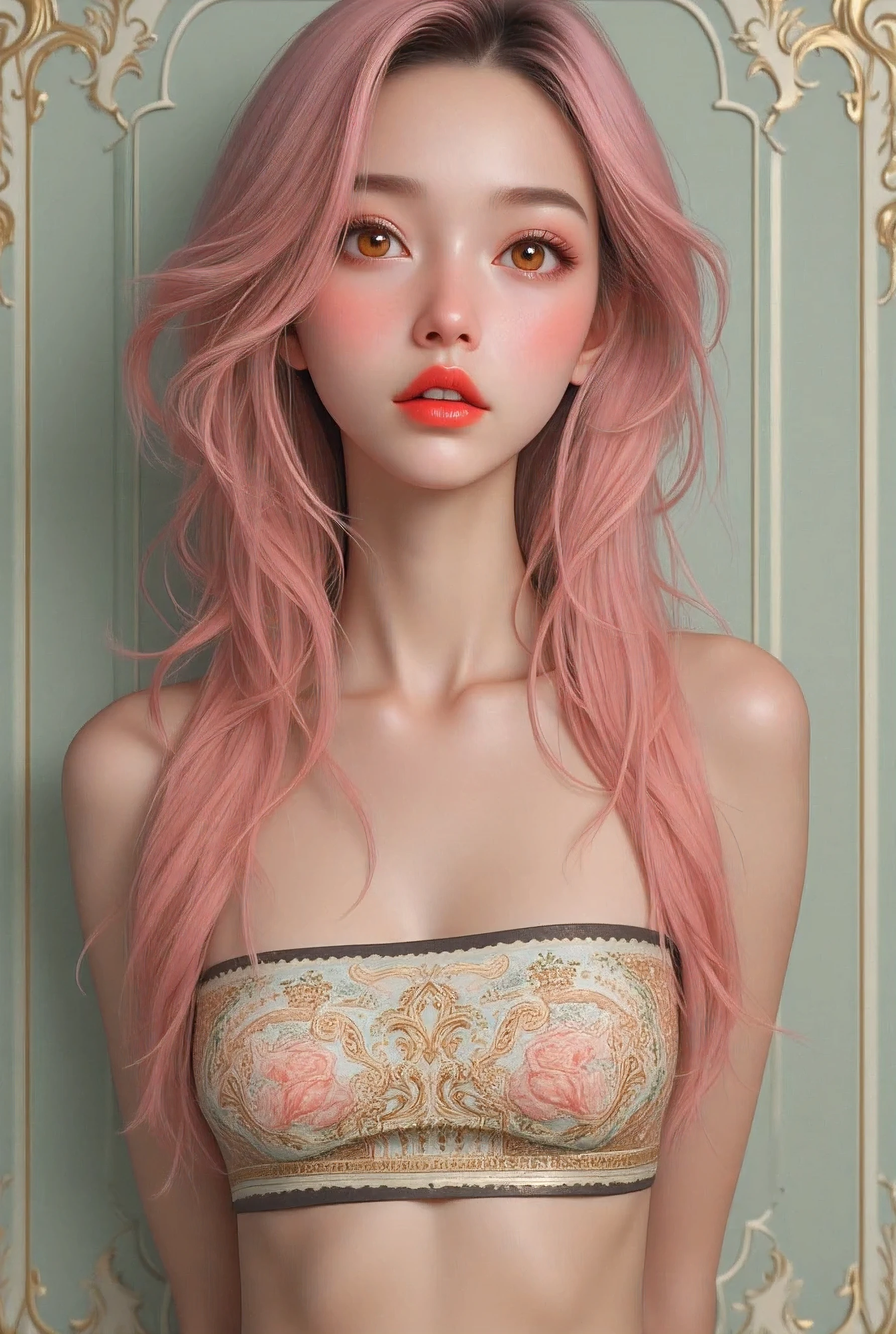 (best quality, highres), portrait, upper body, young cool type girl, long hair, swept-side bangs, [[[pink hair]]], orange eyes, small pointy breasts, plain wall, ultra detailed cg, hyperrealistic and photorealistic style, detailed skin texture and coloring, (underboob), tube top, red lips, surreal, art nouveau, in the illustrative style of moebius, magical, mystical, psychedelic, fantasy, ethereal, gold border, graphic novel, line drawing, traditional, vintage, elegant, chic, sophisticated, (arms behind back), big expressive eyes, ulzzang, Slender、Slender body、asian high school girl, freckled face, heavy blushing, swirling patterns,inconsistent perspective,unnatural proportions,detailed,unsettling,high contrast,ethereal atmosphere,vibrant hues,uncanny,dreamscape,surrealistic,unrestrained imagination,incoherent thoughts,bizarre scenarios,distorted emotions,intense,hallucination,transformative,unpredictable,whimsical, 
