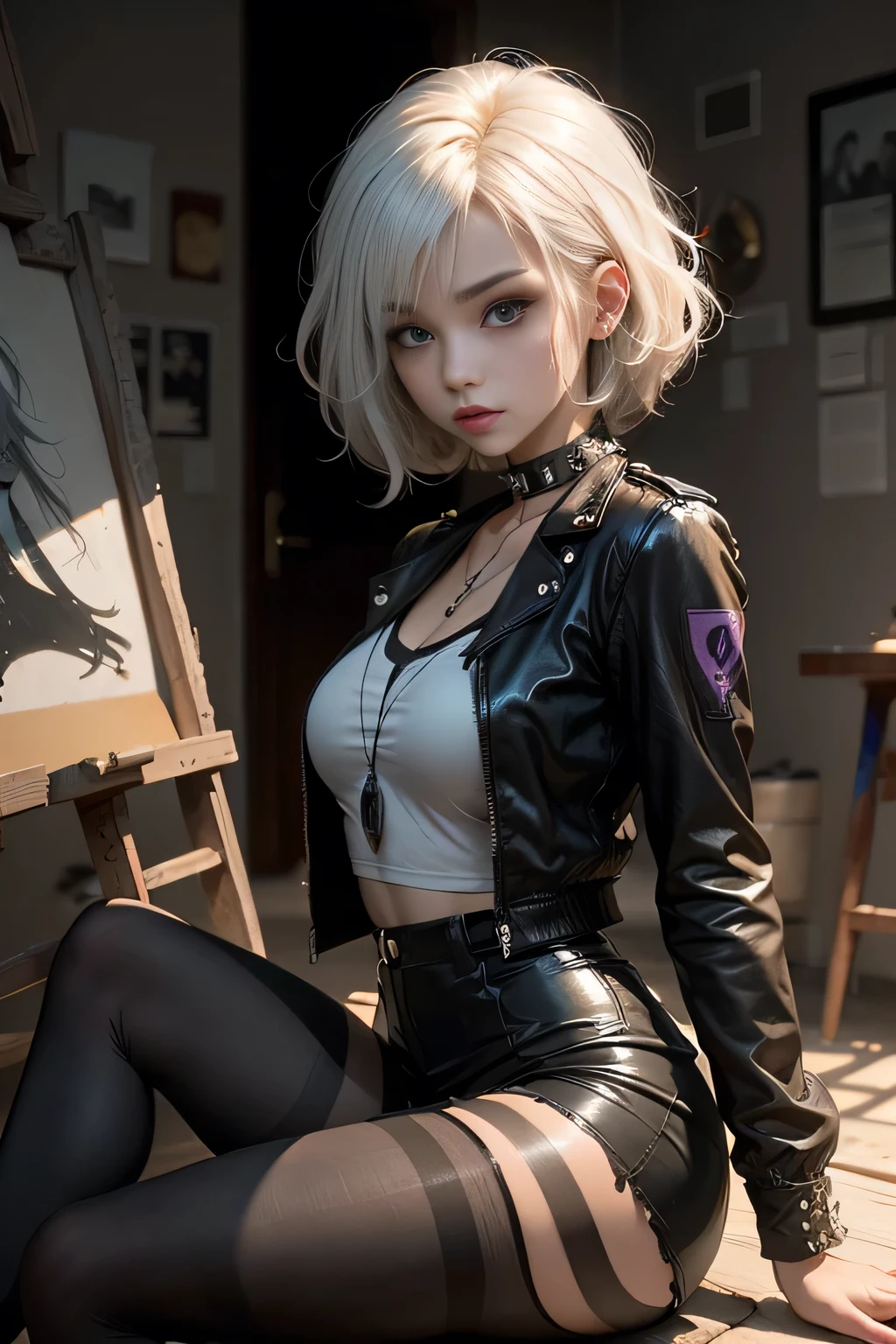 (NSFW:1.0),(((Highest quality: 1.4))),(An unparalleled masterpiece), (Ultra-high resolution),(Ultra-realistic 8K CG), Official Art,(((Large Breasts))), (((Adult body))), (((Girl in a sexual position))), , Punk girl with a perfect body, Metallic Spine Jacket,Beautiful and well-groomed face,,Detailed punk fashion,leather jacket, (Head to thigh image),(( Silver Hair, length )), small leather panties, Simon Bisley&#39;Urban Brutalist Style,London detailed street background,Beautiful Abs, Complex graphics, Dark pink and white stars、Grey and white striped poison tattoo )),
