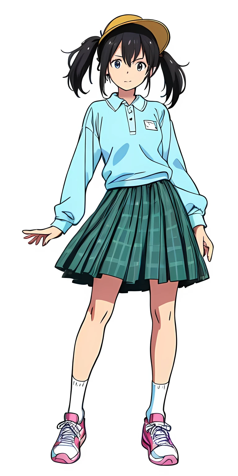 (white background:1.0), (best quality:1.0), (masterpiece:1.0), (super fine illustration:1.0), (beautiful artwork:1.0), (anime screencap:1.0), (official art:1.0), (detailed children's printed cotton panties:1.0), (full body:1.0), (solo:1.0), (a cute girl:1.0), (yellow hat:1.0), (red randoseru:1.0), (long skirt:1.0), (green tartan skirt:1.0), (pleated skirt:1.0), (aqua blue polo shirt:1.0), (long sleeve polo shirt:1.0), (name tag:1.0), (sneakers:1.0), (white socks:1.0), (ideal ratio body proportions:1.0), (lanky:1.0), (tall:1.0), (slender:1.0), (small breasts:1.0), (smaller face:1.0), (detailed beautiful eyes:1.0), (detailed beautiful face:1.0), (glowing black eyes:1.0), (short hair:1.0), (blunt bangs:1.0), (low twintails:1.0), (black hair:1.0), (standing:1.0), (looking at viewer:1.0)