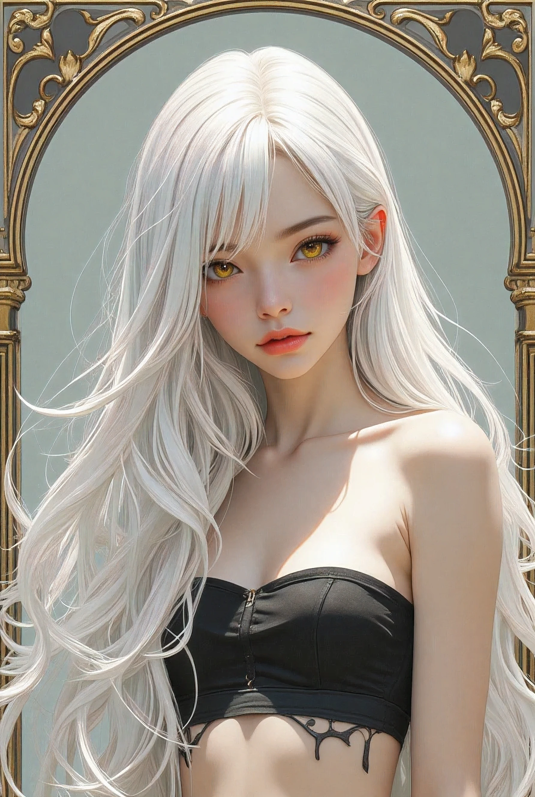 (best quality, highres), portrait, upper body, young cool type girl, long hair, swept-side bangs, white hair, yellow eyes, small breasts, plain wall, ultra detailed cg, hyperrealistic and photorealistic style, detailed skin texture and coloring, (underboob), tube top, red lips, surreal, art nouveau, in the illustrative style of moebius, magical, mystical, psychedelic, fantasy, ethereal, gold border, graphic novel, line drawing, traditional, vintage, elegant, chic, sophisticated, (arms behind back), big expressive eyes, ulzzang, Slender、Slender body、asian high school girl, freckled face, heavy blushing, swirling patterns,inconsistent perspective,unnatural proportions,detailed,unsettling,high contrast,ethereal atmosphere,vibrant hues,uncanny,dreamscape,surrealistic,unrestrained imagination,incoherent thoughts,bizarre scenarios,distorted emotions,intense,hallucination,transformative,unpredictable,whimsical, 
