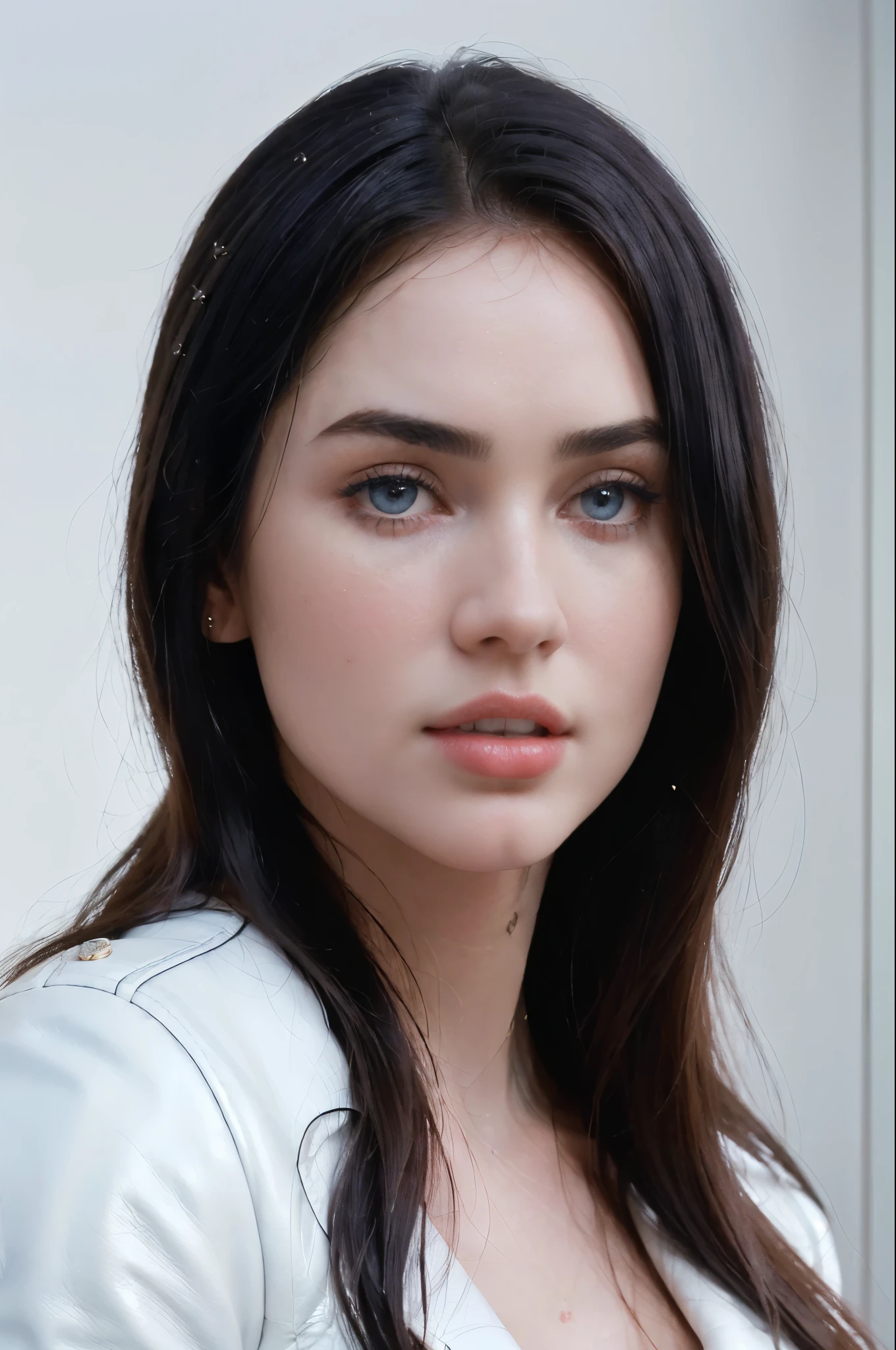 ultra realistic 8k cg, (white background, delicate pattern, intricate detail, highly detailed, fine details), best quality, (photorealistic:1.4),beautiful lighting, absurdres, RAW photo, film grain, ((big breasts, slim girl, close-up, portrait)), Woman in dark blue leather jacket, 1girl, solo, black hair, long hair, (, blue eyes), ((slim girl, big breasts)), smile, (simple detailed background, nature environment, close-up, portrait),stunning attractive figure, beautiful photo of sexy woman, looking seductively in front, black natural hair,ultra realistic 8K CG, masterpiece, ((white background, delicate pattern, intricate details)), (highly detailed, fine details), best quality, 1 girl, big breasts ), 1, white skin, femenine, charming, long hair, perfect body, standing on the floor,natural ilumination, too white skin, (close-up, editorial photograph of a 1 woman), (highly detailed face:1.4) (smile:0.7) (background inside white, moody, private study:1.3) POV, by lee jeffries, nikon d850, film stock photograph ,4 kodak portra 400 ,camera f1.6 lens ,rich colors, hyper realistic ,lifelike texture, natural lighting , cinestill 800, natural makeup , too white skin, lovely, femenine, happy,absurdres, highres, ultra detailed, (ung beautiful girl, solo:1.1) , big chest, chest perfect, big breasts, big breasts, A close-up of a woman wearing a leather blue jacket, black hair, Beautiful figure, very seductive pose, sexy, sweet girl, white skin, perfect eyes, very white skin, in front of a white wall, too white girl, ultra high quality, 1 girl, Woman in dark blue leather jacket, hair back, blue eyes, UDR, ((Film grain)), ((waist up portrait, close to the camera)) , ultra detialed, (((ultra realistic))) Photo, masterpiece, top quality, (pale skin), (Ultra detailed face and eyes:1.3), lovely, 20 years old, jennifer connelly, ana de armas, megan fox, too white skin, too young woman, ADAarmas, megf, j3n2i773r50-smf, pale skin