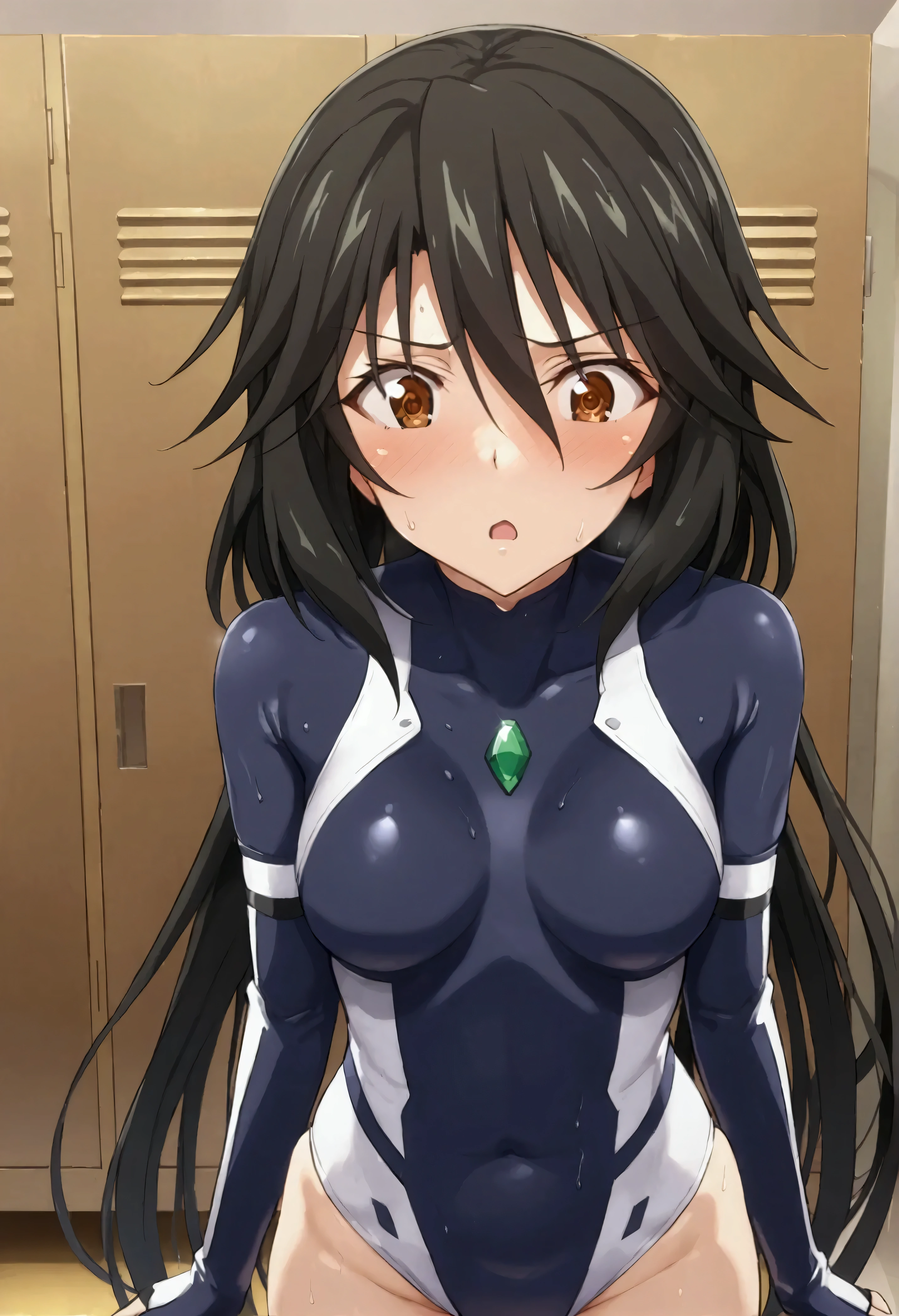 NSFW,masterpiece,Best Quality,High resolution,Very detailed,Chifuyu Orimaru\(Infinite Stratos\),Long Hair、bangs、Black Hair、Hair between the eyes、 Brown Eyes ,leotard,pilot suit,gem,locker room,sweat,Surprised face,blush