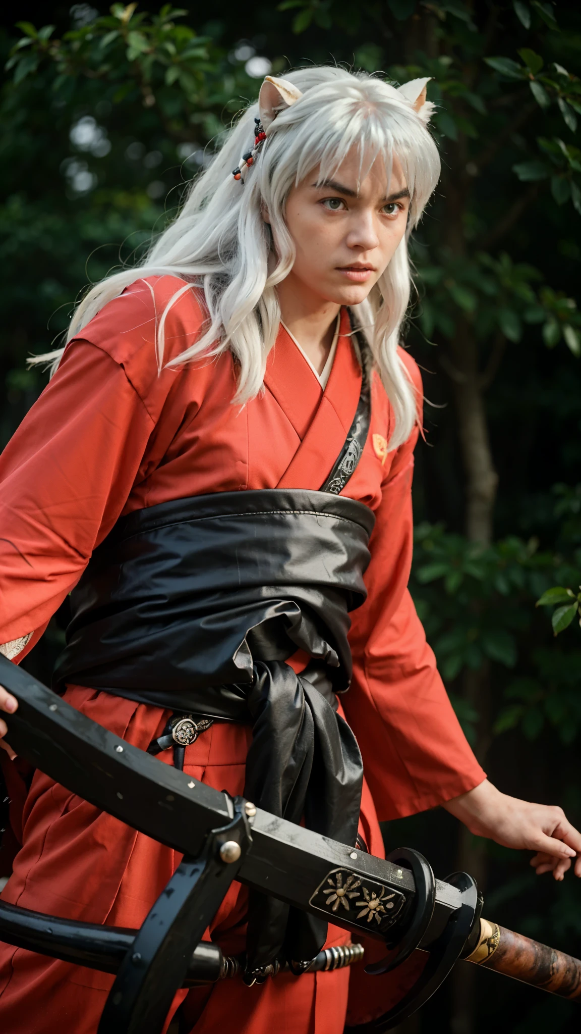 Create a stylized anime character inspired by Inuyasha. The character has long, flowing silver hair and piercing amber eyes. He wears a traditional red kimono-like robe (hitoe) with loose sleeves, exuding a mix of elegance and ferocity. The character should have animalistic features, such as dog ears atop his head, giving him a half-demon appearance. He holds a massive sword with ancient engravings, symbolizing strength and heritage. Surround the character with a mystical forest, with glowing spirits or falling cherry blossoms in the background, evoking a magical and adventurous atmosphere. The expression should show a blend of determination and vulnerability, capturing both his fierce and kind sides