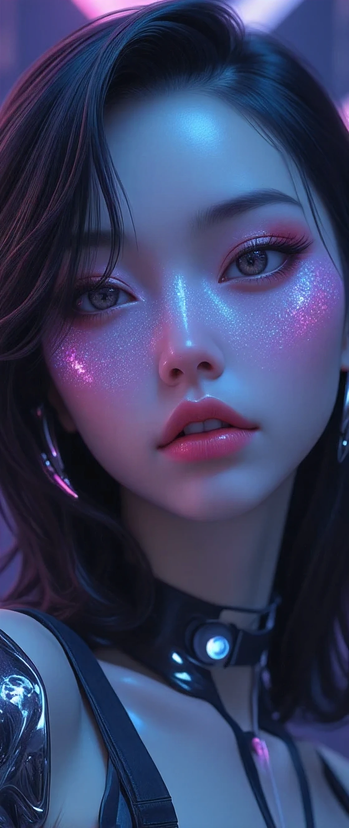 80’s glam rock makeup on shiny android face, anime, 2.5D, Glittery face, moody lighting, (purples, pinks, and blues), iridescent face, abstract ai model, pretty, sexy, minimal, sleek, slender, asian, elegant, chic, futuristic, retro, sophisticated half human half machine, close up face portrait, 
