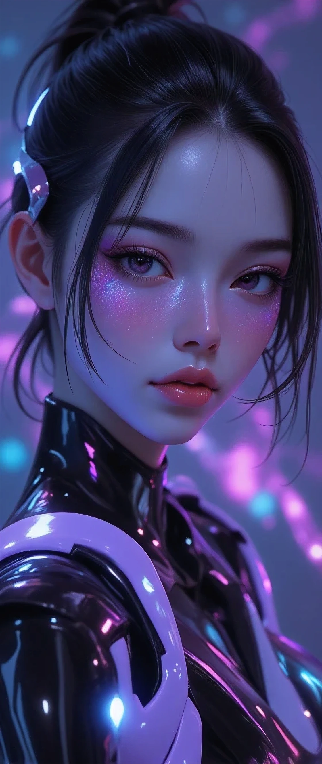 80’s glam rock makeup on shiny android face, anime, 2.5D, Glittery face, moody lighting, (purples, pinks, and blues), iridescent face, abstract ai model, pretty, sexy, minimal, sleek, slender, asian, elegant, chic, futuristic, retro, sophisticated half human half machine, close up face portrait, 
