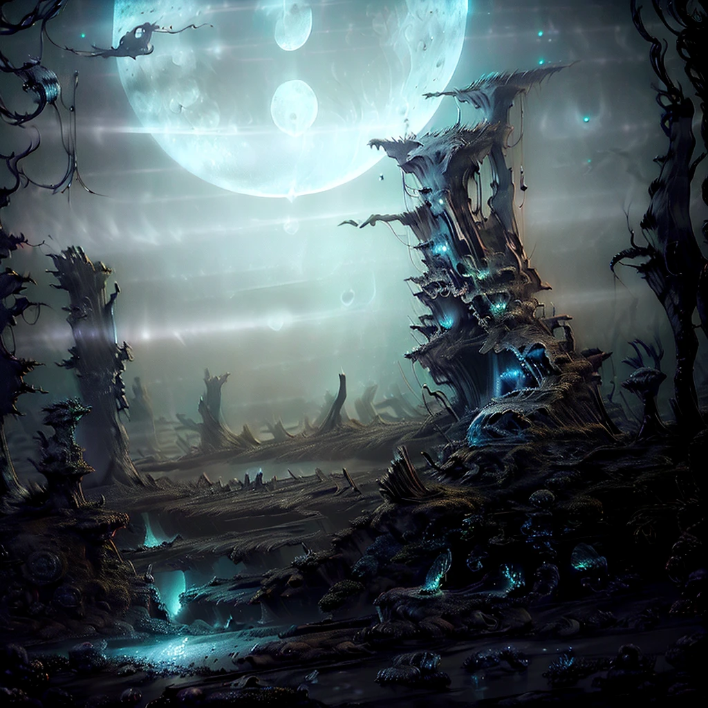 ship, high-fantasy, magical effects, hyper realistic, hyper detailed, mysterious air, ancient and abandoned, grown-over, luminescent moss, dark atmosphere, glowing lights spread evenly, very aesthetic, beautiful underwater scenery in the background,full moon