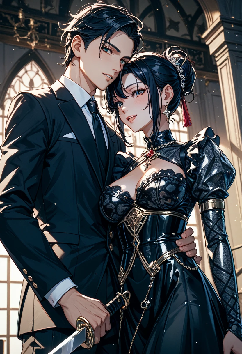 (masterpiece, Best Quality:1.2, Perfect Anatomy), 1man & 1girl, 1man:Adult\good looking,\White short hair\ details of exquisite facial features \Royalty\ wearing a black bodysuit \Adult face\Close your eyes), 1girl:long black hair\ black dress\男性の胸にknifeを突き立てる\knife\ holding both hands ) ,  dark metallic room with both hands, Beautiful illustrated lines
