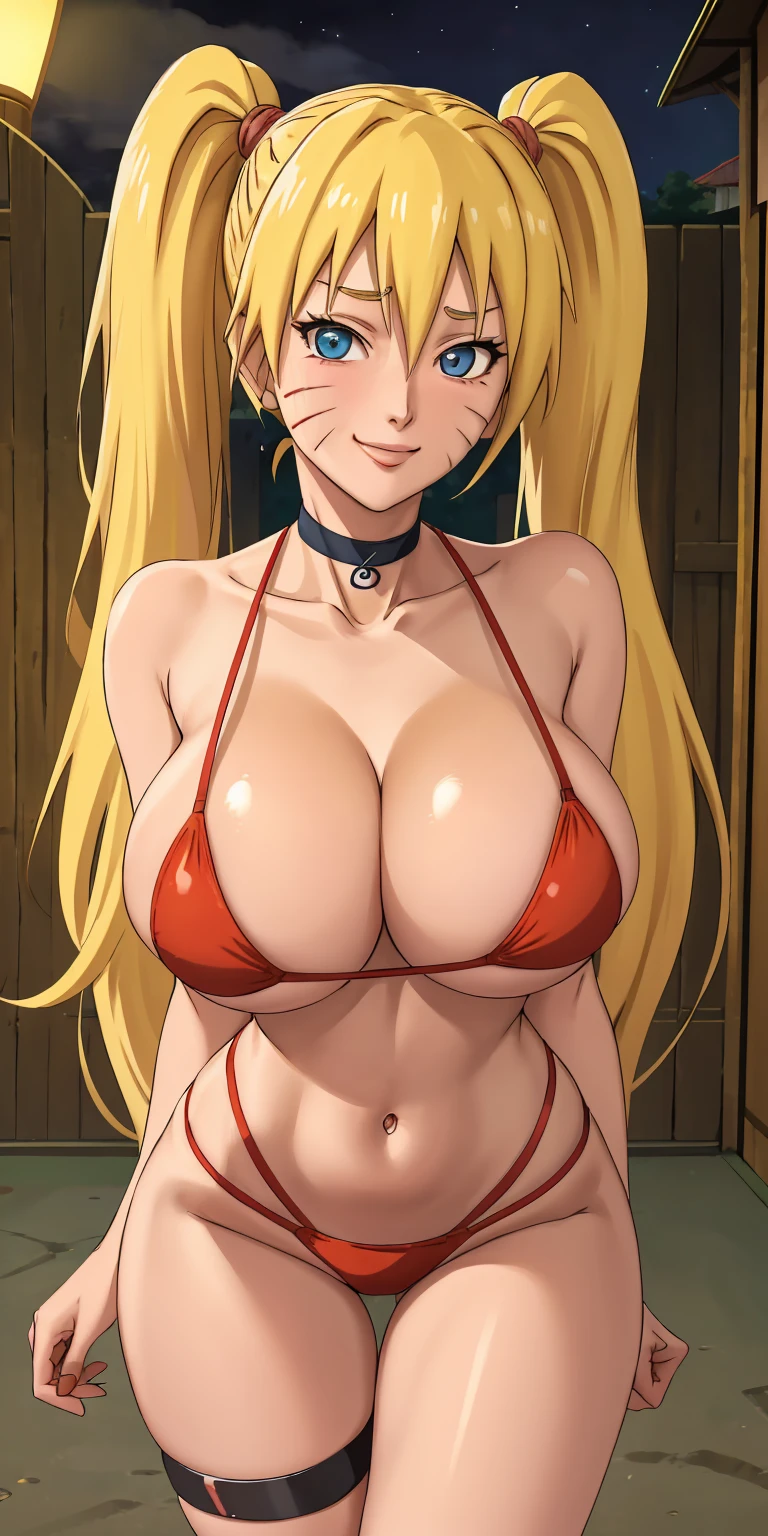 masterpiece, best quality, extremely detail 8k cg, high resolution, 1girl, solo, mature female, RedBikini_SexyJusuNaruto_Naruko_ownwaifu, 1girl, blonde hair, naruko \(naruto\), twintails, long hair, facial mark, whiskers, whisker markings, blue eyes, huge breasts, hair between eyes, bangs, swimsuit, red bikini, cleavage, bare shoulders, thigh strap, choker, collarbone, thigh gap, seductive expression, smirk, beautiful face, night time, konohavillage, outdoors, medium full shot