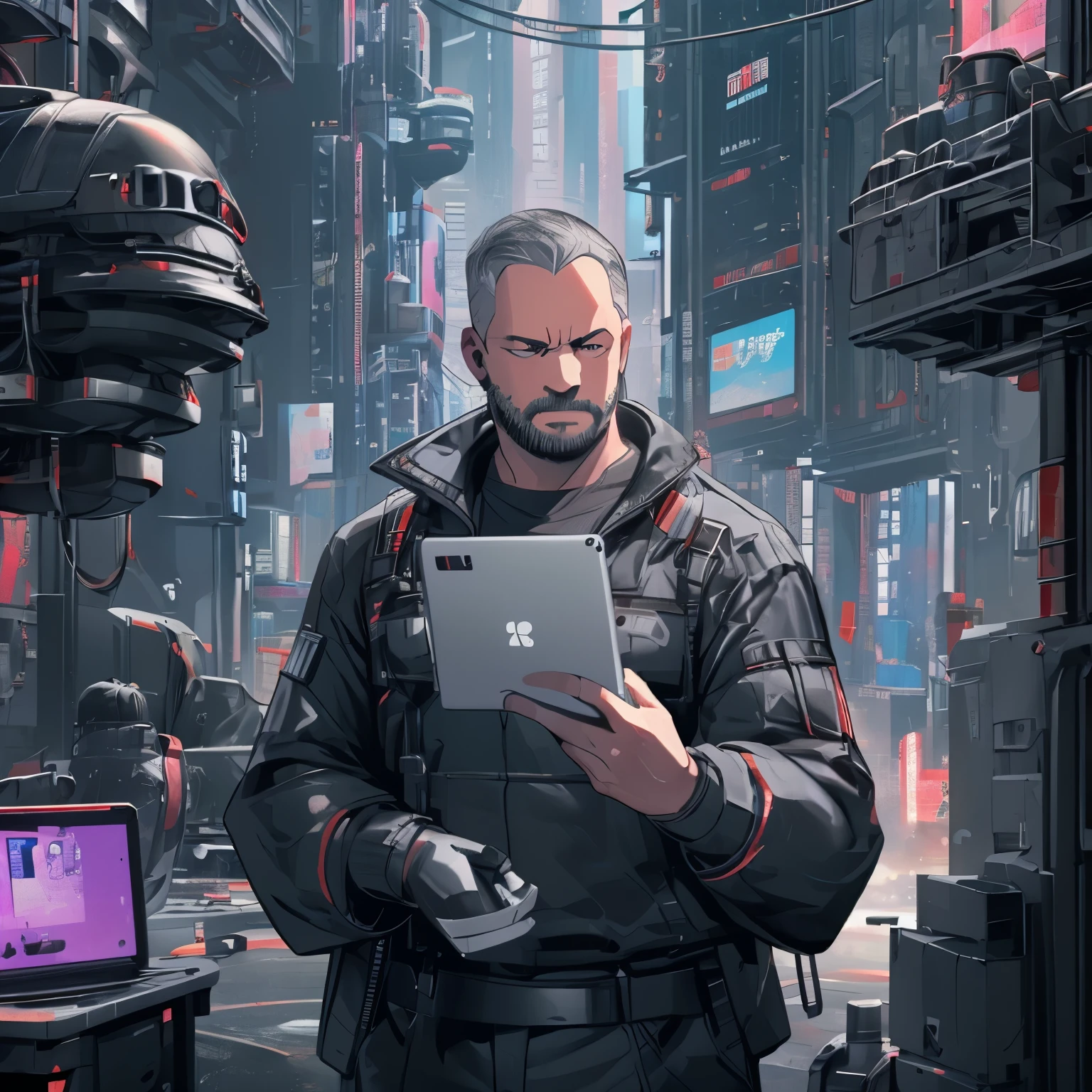 a man with detailed bored face,  a middle-aged corporate service technician in charge of maintenance and operation of corporate monitoring systems and drones, overweight, holding a hacker's tablet, uniform, cyberpunk,   black and red and white color palette, dramatic lighting, hyper-realistic, 8k, masterpiece
