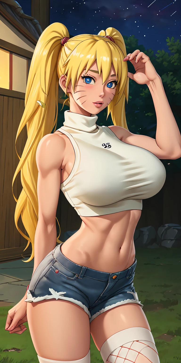 masterpiece, best quality, extremely detail 8k cg, high resolution, 1girl, mature female, Turtleneck_SexyJusuNaruto_Naruko_ownwaifu, 1girl, blonde hair, naruko \(naruto\), twintails, long hair, facial mark, whiskers, whisker markings, blue eyes, large breasts, hair between eyes, bangs, midriff, denim shorts, crop top, turtleneck, sleeveless, fishnet thighhighs, bare shoulders, collarbone, titsonastick, beautiful face, night time, konohavillage, outdoors