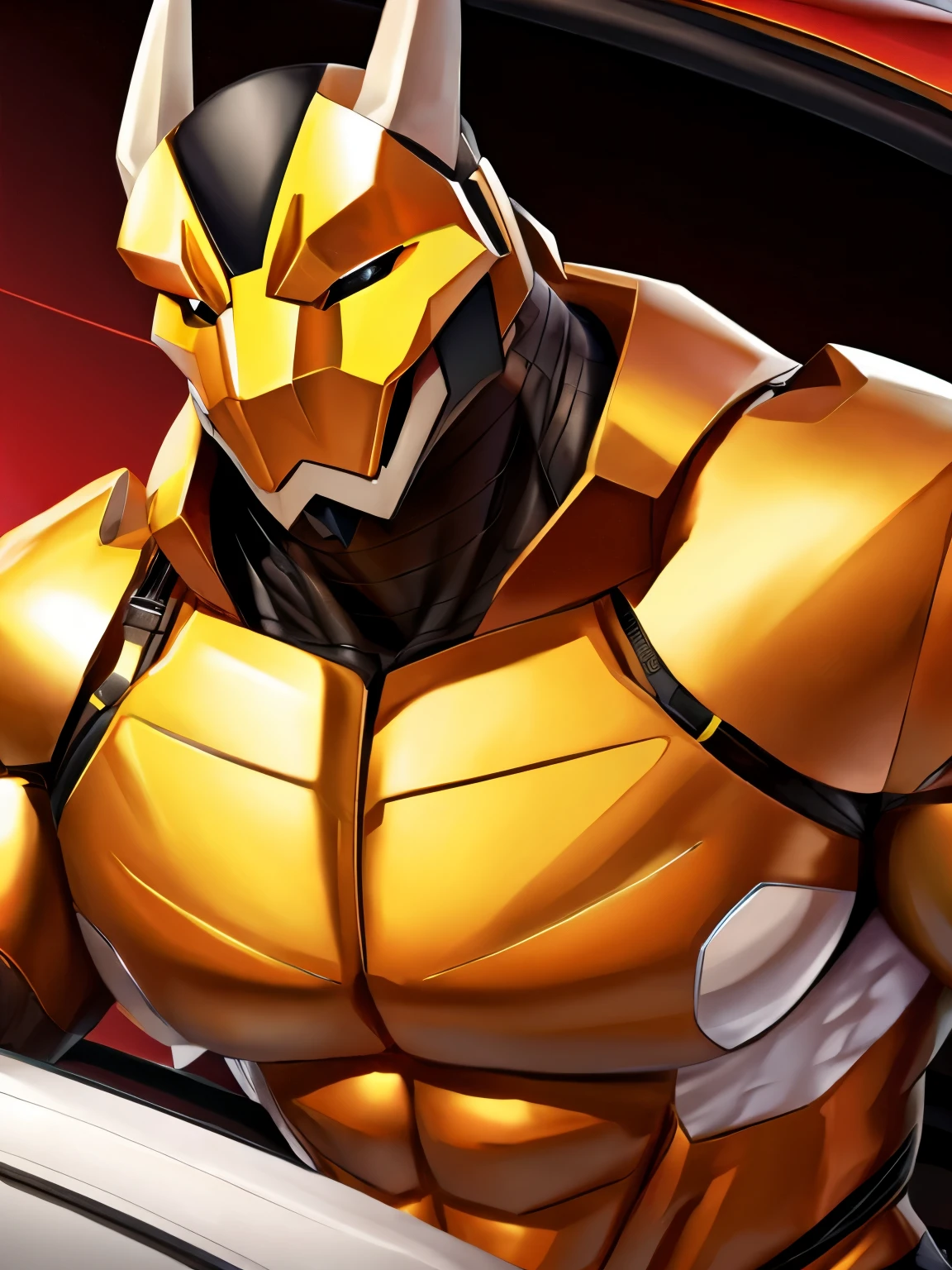 A breathtaking masterpiece, crafted by the skilled hands of ArtemisTech, presents a muscular and furry bumblebee from the Transformers universe. This intricately detailed anthropomorphic bumblebee, named Bumblebee, is shown after being struck by a mysterious growth ray. The transformation has resulted in an impressive display of muscle, further accentuated by the destruction surrounding him. The delicate fur on his body gleams under the dramatic, high-quality render, with a realistic lens flare that adds an otherworldly touch. The bumblebee's eyes, a vibrant aqua blue, shine with an open smile and a soft blue blush, giving an air of endearing friend