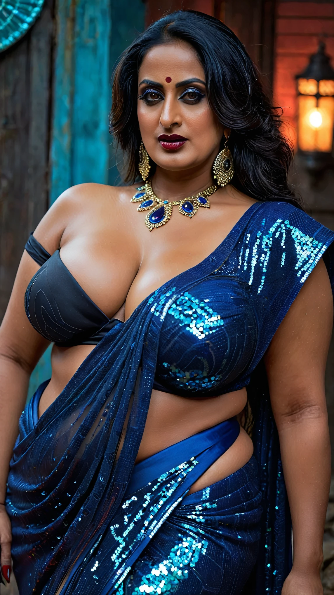 Looks like Mahie Gill, full body Closeup shot, Big chubby aunty, milf, demoness mommy, mother of demons, heavy figure Indian aunty, huge figure, huge massive breast, cougar lady witch, horny Gothic milf,  70 years old gorgeous mature lady, pervert demoness, demoness of lust, curvy, black lips, horny face, extremely gorgeous, thick figure, heavy physique, voluptuous, curvy, sexy figure, Fashionable portrait of androgynous alien looking witch, glowing eyes, futuristic design, minimal details, givenchy, photoreal, 200mm, hd, f/ 2.0, highly detailed, surreal, sexy beautiful evil woman, sexy bold sequin Saree with strapless Bra, chudail, Pishachini, horror genre, blood-thirsty enchantress, powerful female spirit, eerie, drop dead, in the style of red and blue, (intricate details, hyperdetailed:1.15) (skin texture:1.2), dark Moody tone, cinematic lighting, haunted place in background, 