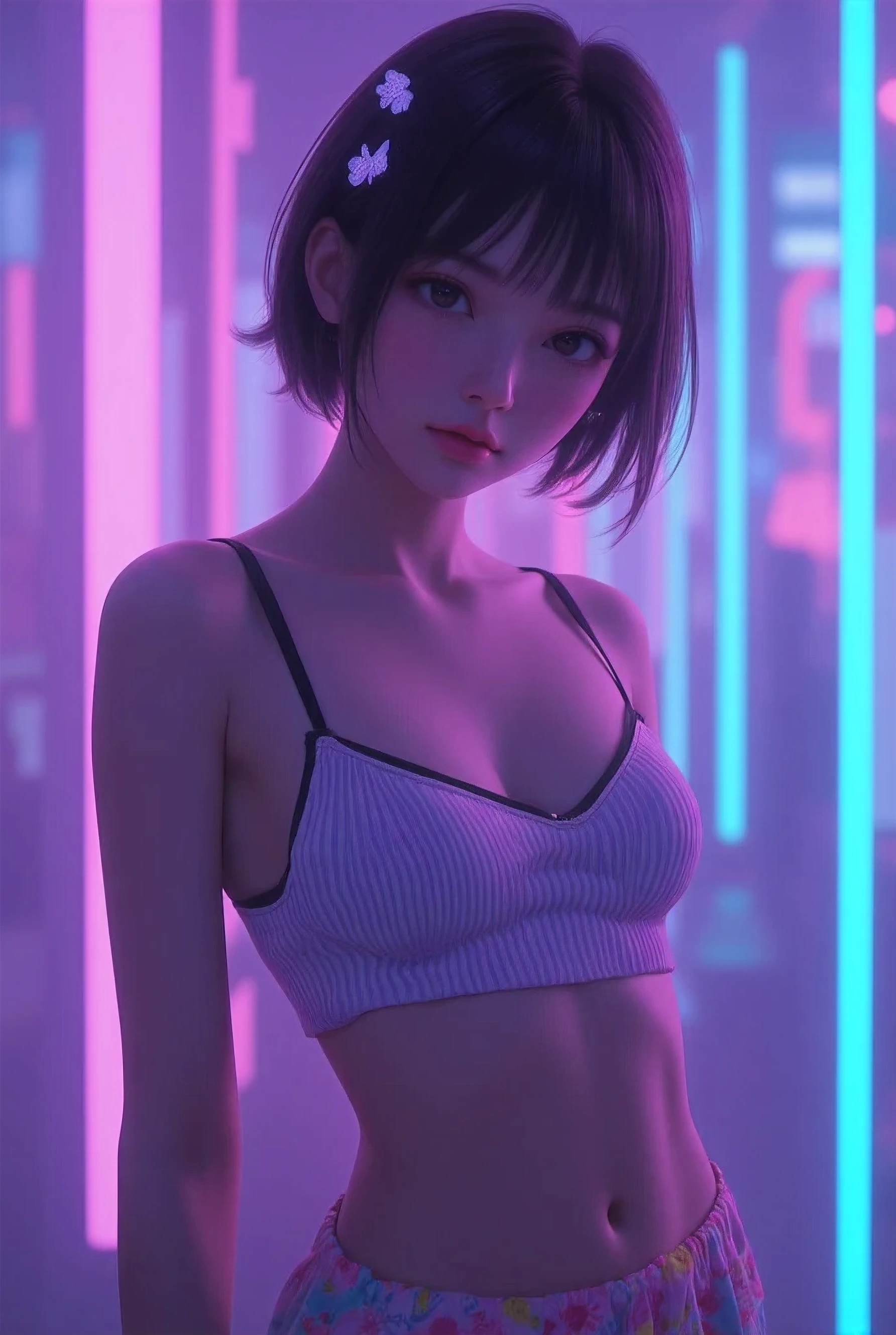 A blurry background with purple, teal, blue and pink vertical neon lights creates a bright atmosphere. A ****ta girl with black hair decorated with butterflies stood alone. She wore a striped tank top and fairy-print shorts, showing off her flat stomach and small chest. His black eyes stare at the viewer with his lips slightly parted. Her short hair adds a simple yet alluring vibe, with a natural 4K erotic intensity, Extrim Clos-up upscale.