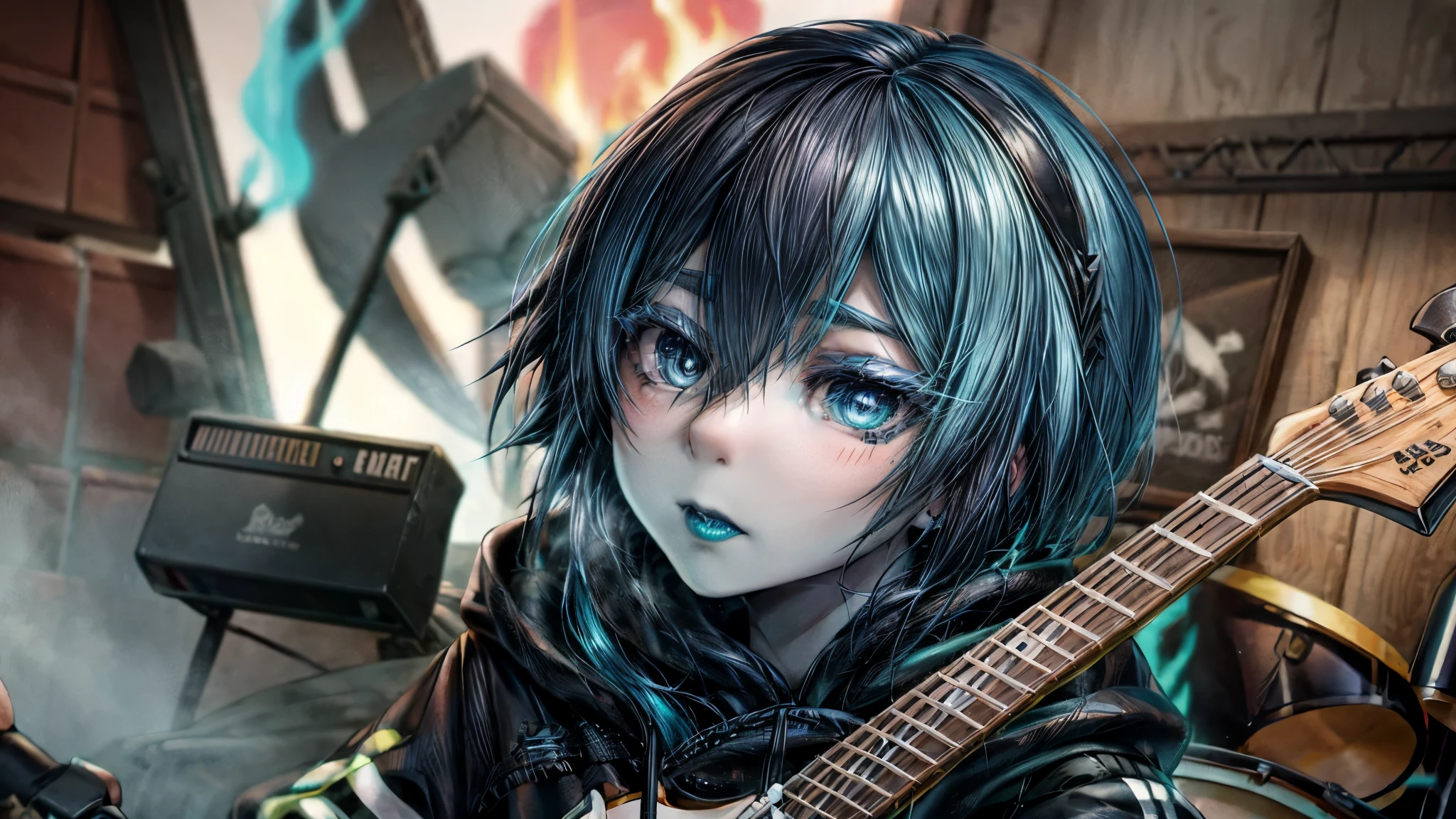 1 girl, high resolution, masterpiece, anatomically correct, accurate, top quality, textured skin, ultra high definition, human, boyish girl, half blue hair, half black hair, (blue lipstick), rock musician, punk rock hairstyle, punk rock look, relief of a skull, nose pierce,（flame flickering from one eye：2）, anime style illustration