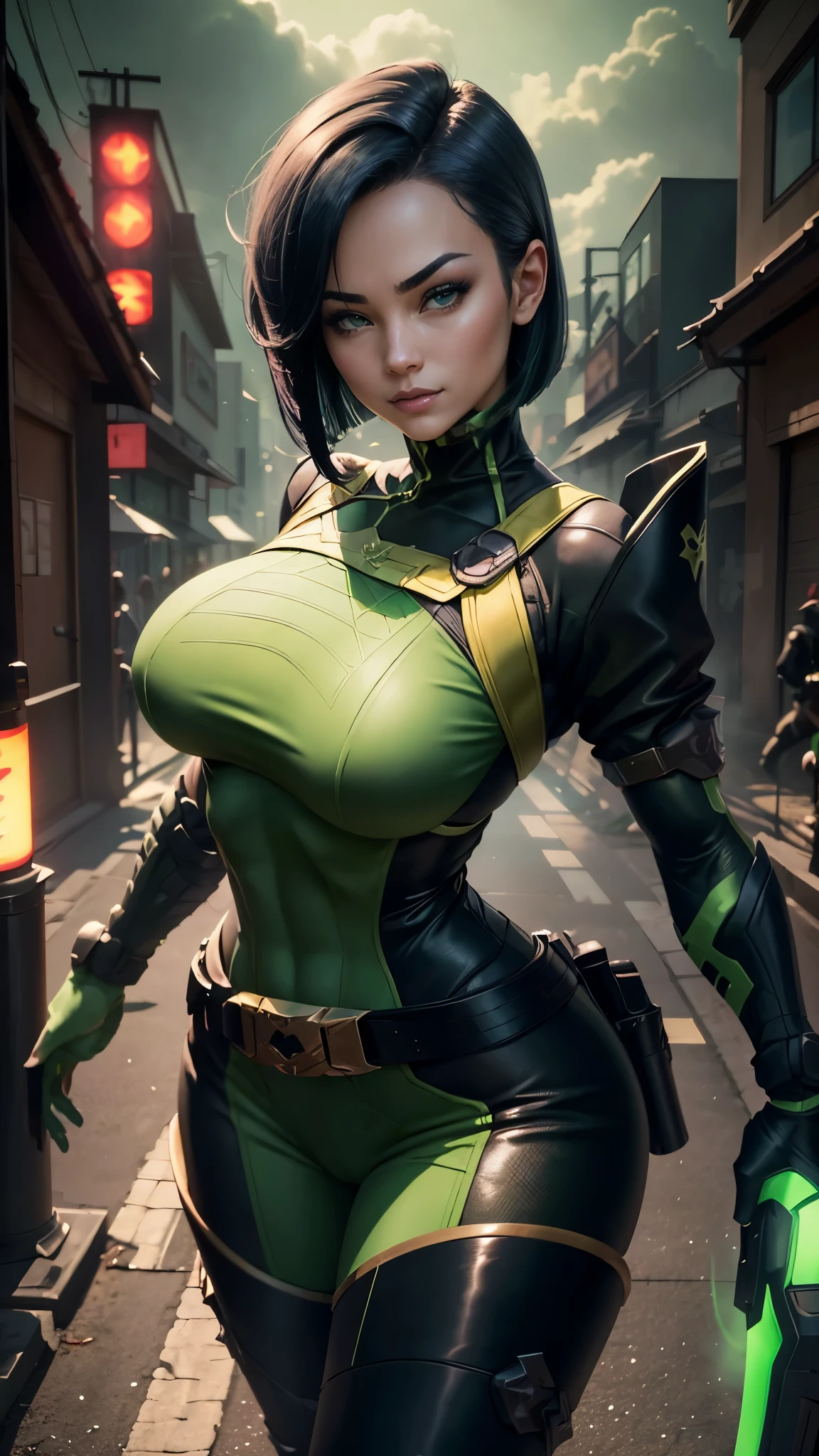 Viper da valorant,(best qualityer,4K,8k,high resolution, work of art:1.2)(weather: windy),cowboy shot, Japanese female, cyberpunk Tokyo background, long sleeve sport top, green and black leggings, harness corset, uncovered belly, face mask, punk makeup, thigh high boots, belt, short hair, ultra detailed, realistic, portrait, beautiful detailed green eyes, beautiful detailed lips, extremely detailed eye and face, beautiful girl, long eyelashes, sexly, average, large breasts, beaming smile, combat pose, stunning curves, bright coloured, dramatic lighting, green smoke,