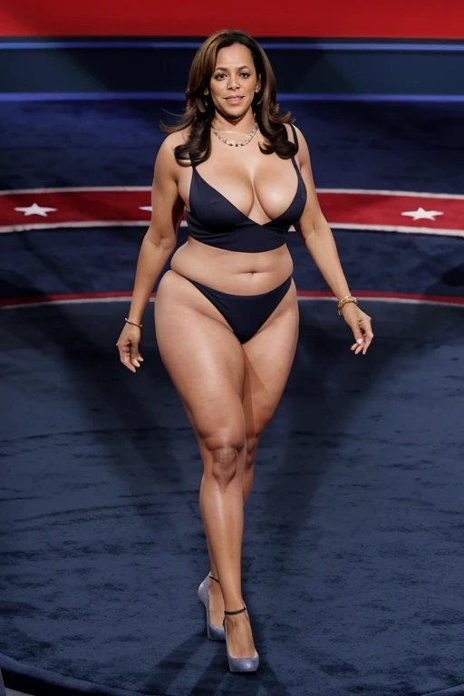 Raw photo、masutepiece、32K、8K、Woman in bikini posing on stage, bikini model, Photo of a slim and busty girl model, ocher transparent bikini, elegant bikini, model with attractive body, full extremely slim body, feminine slim figure, dressed in belts bikini, Thin body, Full body shot in bikini, attire: bikini of, 2 4 years old female model, sling bikini