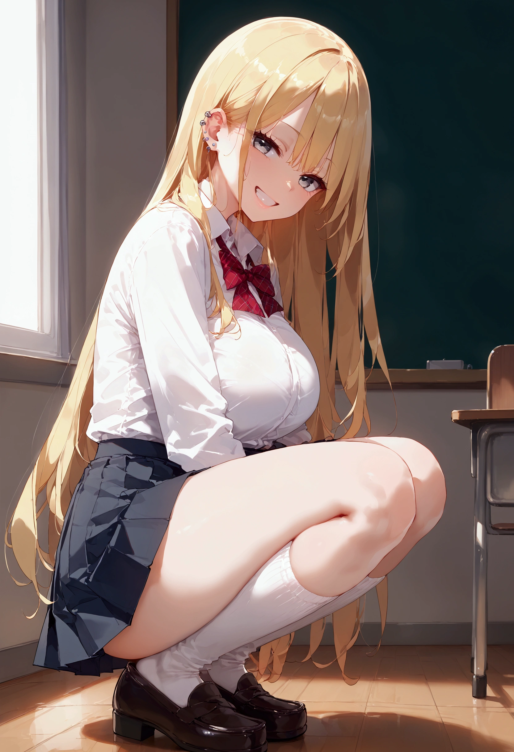 score_9, score_8_up, score_7_up, score_6_up, score_5_up, score_4_up, source_anime, solo focus, nsfw, (masterpiece、Highest quality、Very detailed))、One girl、gyaru、Blonde、Long Hair、straight hair、Grey Eyes、evil smile、((Grin))、((lots of piercing))、Large Breasts、((White collared shirt))、((A bow tie))、((Black pleated skirt))、((white buggysocks))、loafers、squatting、Take a picture from the side、Classroom Background