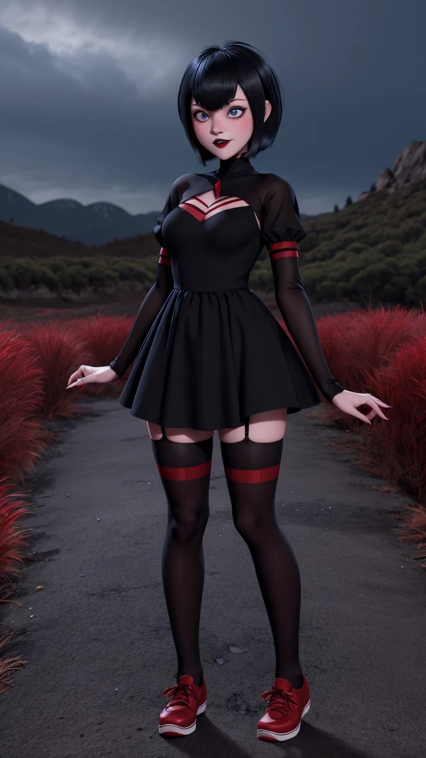 mavis dracula vampire cute girl, blue eyes ,short hair whit bangs, style bob, makeup gothic red lipstick, full body portrait drees black, black dress with sleeves, fitted to the body, thigh-high stockings with red stripes and red vans tennis shoes, Cinematic fantasy landscape, 3D, stunning environment,