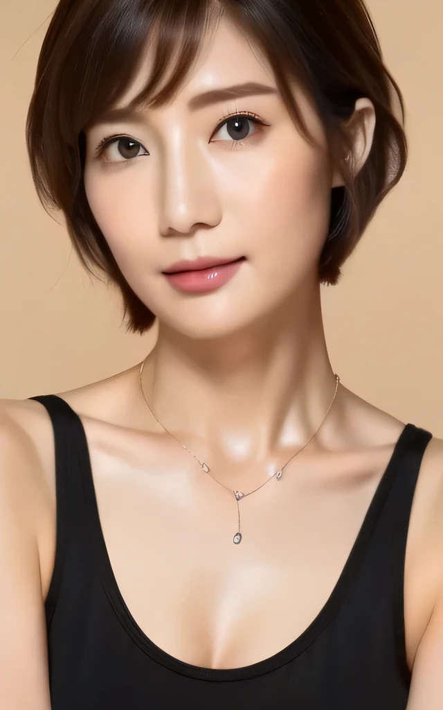 # beautiful mature woman,(( cowboy shot)),
Beautiful Face,double eyelid,
Big Breasts,Black Tank Top,
Pixie Cut,
Exquisite Necklace,