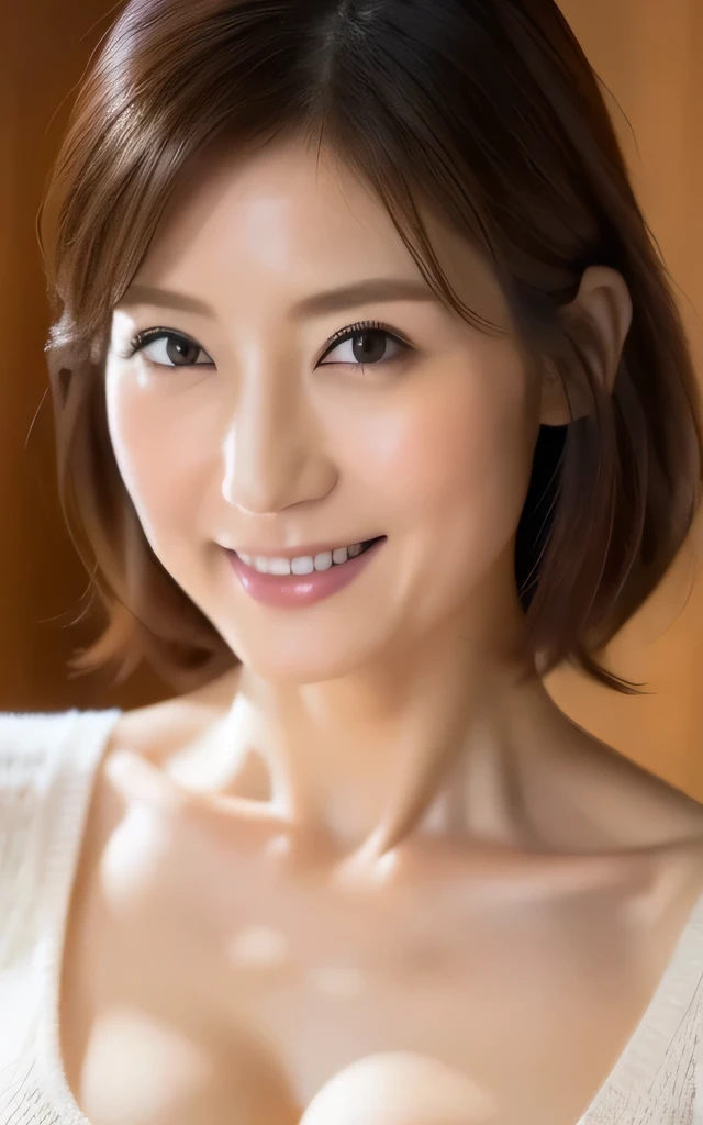 8k, Best Quality, masterpiece, Realistic, Realistic, Very detailed, Natural Light, large well-balanced breasts , Her cleavage is visible, 1. Japanese women, 45 years old, Black Hair, short hair, STRAIGHT HAIR, (Looking up at the viewer from below), Pale orange light V-neck sweater, Very detailedな顔と肌, Very detailedな目, Very detailedな顔と肌,Bright smile,Big smile,indoor