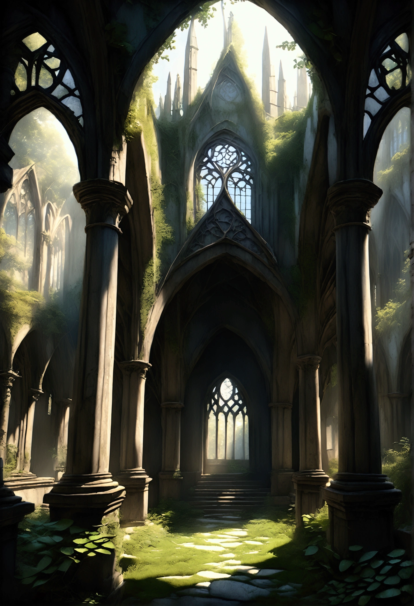 a cathedral in a dense forest, lush greenery overgrown stone architecture, vines and moss covering walls, sunlight streaming through stained glass windows, intricate gothic architecture, detailed carved stone, ornate arches and columns, overgrown courtyard, ancient and weathered, mystical atmosphere, (best quality,8k,highres,masterpiece:1.2),ultra-detailed,(realistic,photorealistic,photo-realistic:1.37),cathedral,church,gothic,fantasy,landscape,nature,overgrown,greenery,moss,vines,stained glass,ornate,weathered,ancient,mystical