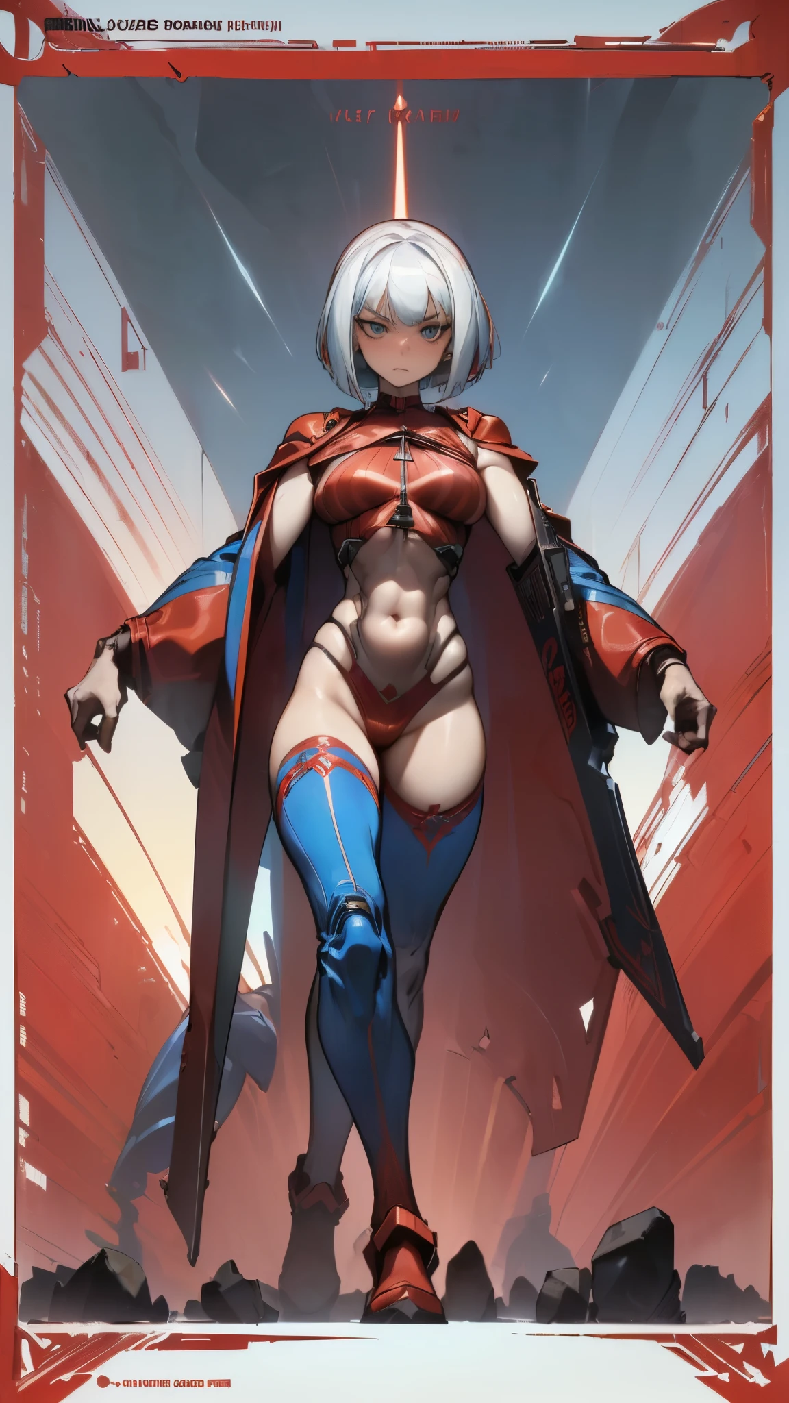 With ultra-detailed features and realistic,Cyber,mechanical,Mechanical Legs,Red cape,Belt around legs,Technology,detail,