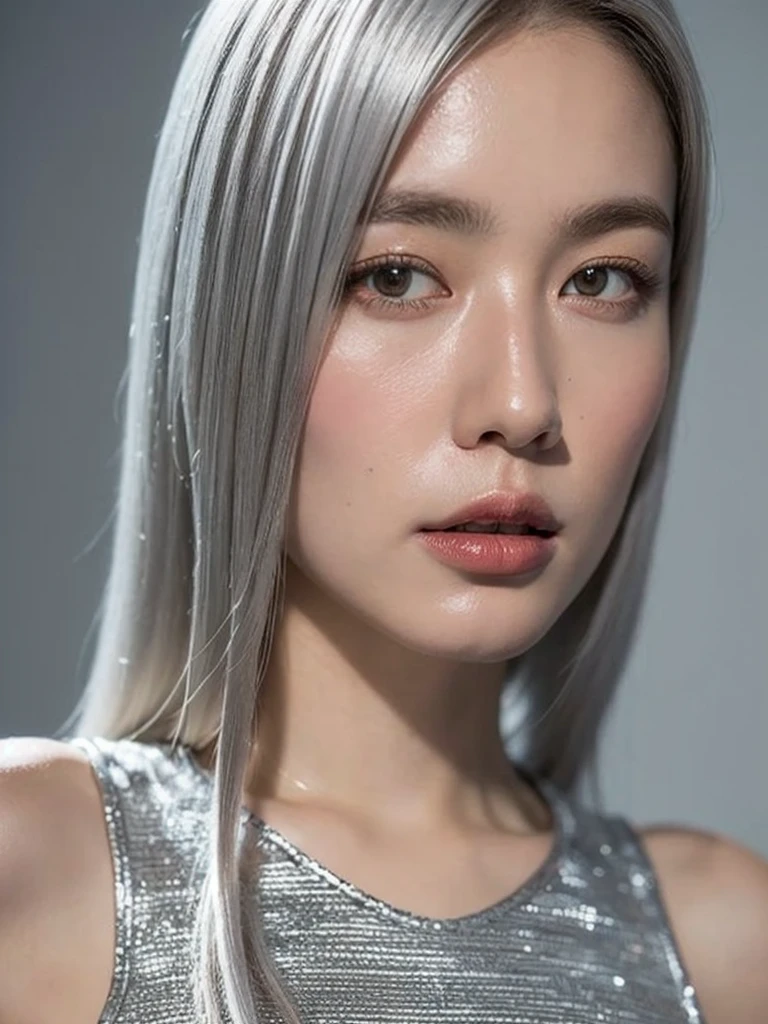 (photo Realistic:1.4), (hyper Realistic:1.4), (Realistic:1.3), (Smoother lighting:1.05), (Enhance cinematic lighting quality:0.9), 32K, One girl, 1 girl, Light skin color,Height: 172cm, : 34D, ((Long, fluffy silver hair )),Realistic soft lighting, Backlight, Light on the face, Ray-tracing, (Bright light:1.2), (Improved quality:1.4), (Highest quality realistic textured skin:1.4), Detailed drawn eyes, Detailed painted face, Fine quality (Grey Eyes), (Tired, sleepy and satisfied:1.0),An ennui look, cowboy shot,A creative outfit with a loose fit, ( elevates the mood of my body line :1.1), ( enhance the beauty of the skin texture :1.1),Beautiful breasts,From above,Beautiful valley,Red Mesh