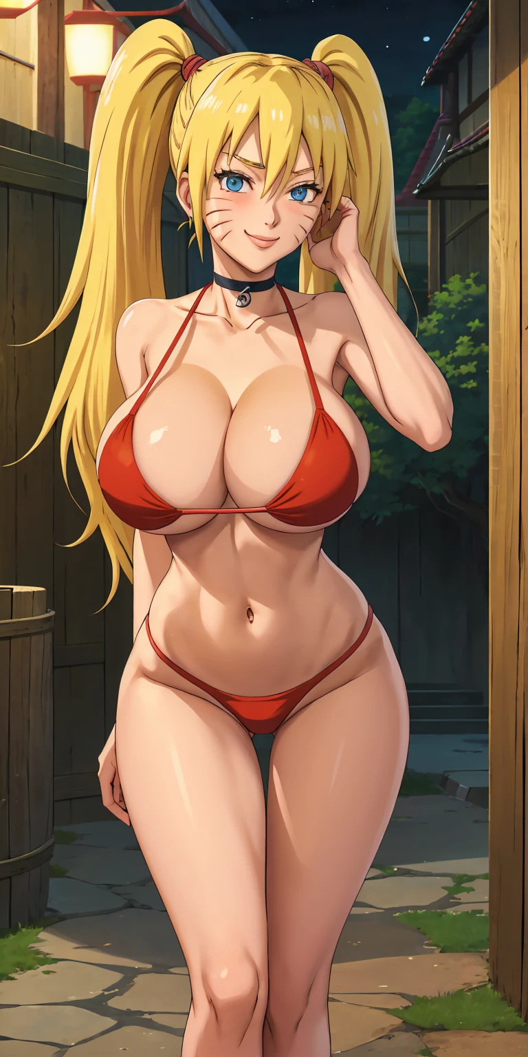 masterpiece, best quality, extremely detail 8k cg, high resolution, 1girl, solo, mature female, RedBikini_SexyJusuNaruto_Naruko_ownwaifu, 1girl, blonde hair, naruko \(naruto\), twintails, long hair, facial mark, whiskers, whisker markings, blue eyes, huge breasts, hair between eyes, bangs, swimsuit, red bikini, cleavage, bare shoulders, choker, collarbone, thigh gap, seductive expression, smirk, beautiful face, night time, konohavillage, outdoors, medium full shot