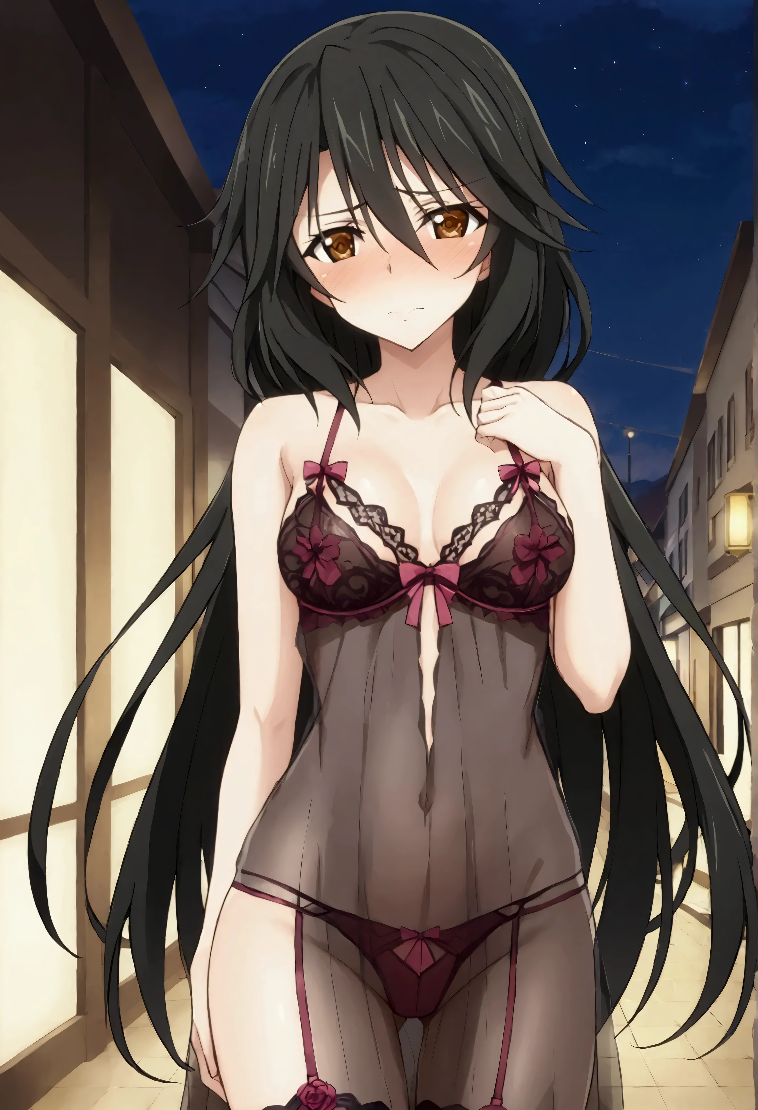 NSFW,masterpiece,Best Quality,High resolution,Very detailed,Chifuyu Orimaru\(Infinite Stratos\),Long Hair、bangs、Black Hair、Hair between the eyes、 Brown Eyes , fine lingerie,See-through,(Prostitute),pink light,Love Hotel,Embarrassed,blush,Lustful face