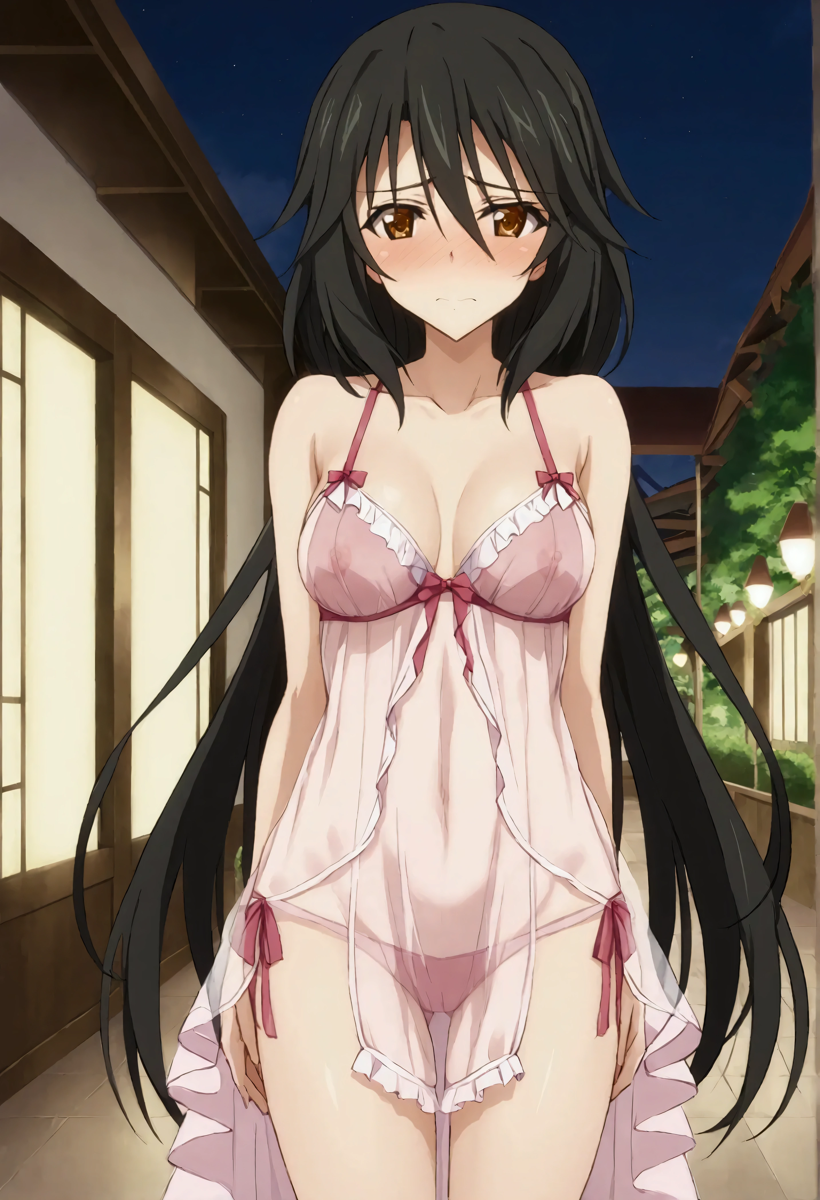 NSFW,masterpiece,Best Quality,High resolution,Very detailed,Chifuyu Orimaru\(Infinite Stratos\),Long Hair、bangs、Black Hair、Hair between the eyes、 Brown Eyes , fine lingerie,See-through,(Prostitute),pink light,Love Hotel,Embarrassed,blush,Lustful face