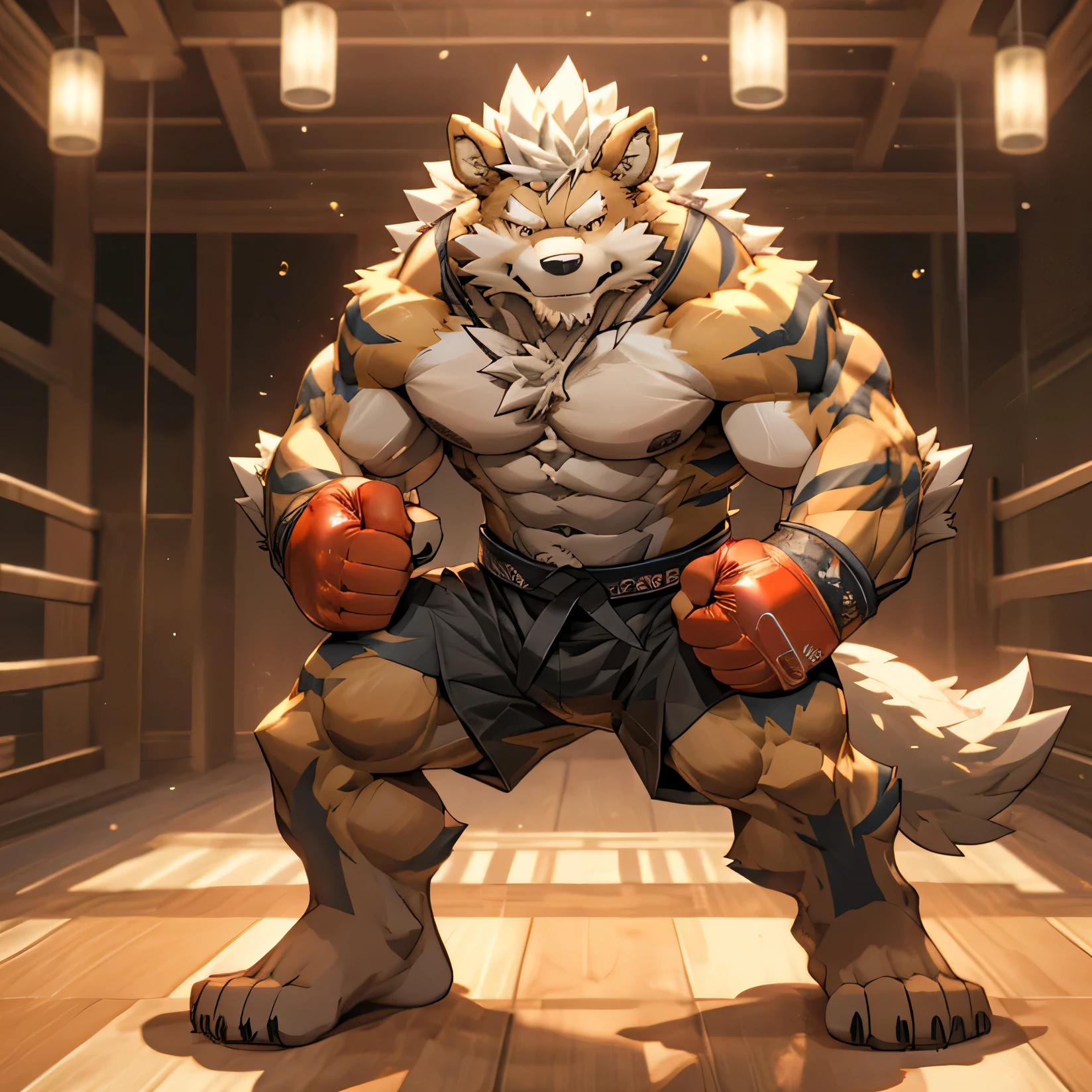 HD，masterpiece，Ultra-detailed，8k，Best image quality，male，arcanine，(Upper body nudity:1.5)，middle aged，Super strong，boxer，((Make fists with both hands))，(boxing stance)，martial arts style，The look of perseverance，martial arts stage