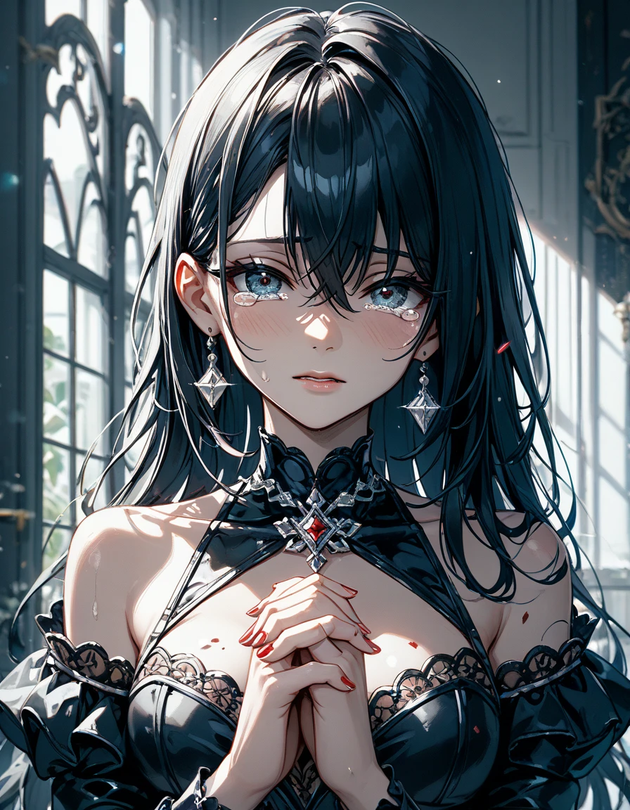 (masterpiece, Best Quality:1.2, Perfect Anatomy), Front angle;1.4, Alone:1.3, 1girl:long black hair\ simple black dress\knife\ holding both hands , Bloodstain:1.3), Tears, Beautiful expression of tears, focas :face,   dark metallic room with both hands, Near future, Beautiful illustrated lines