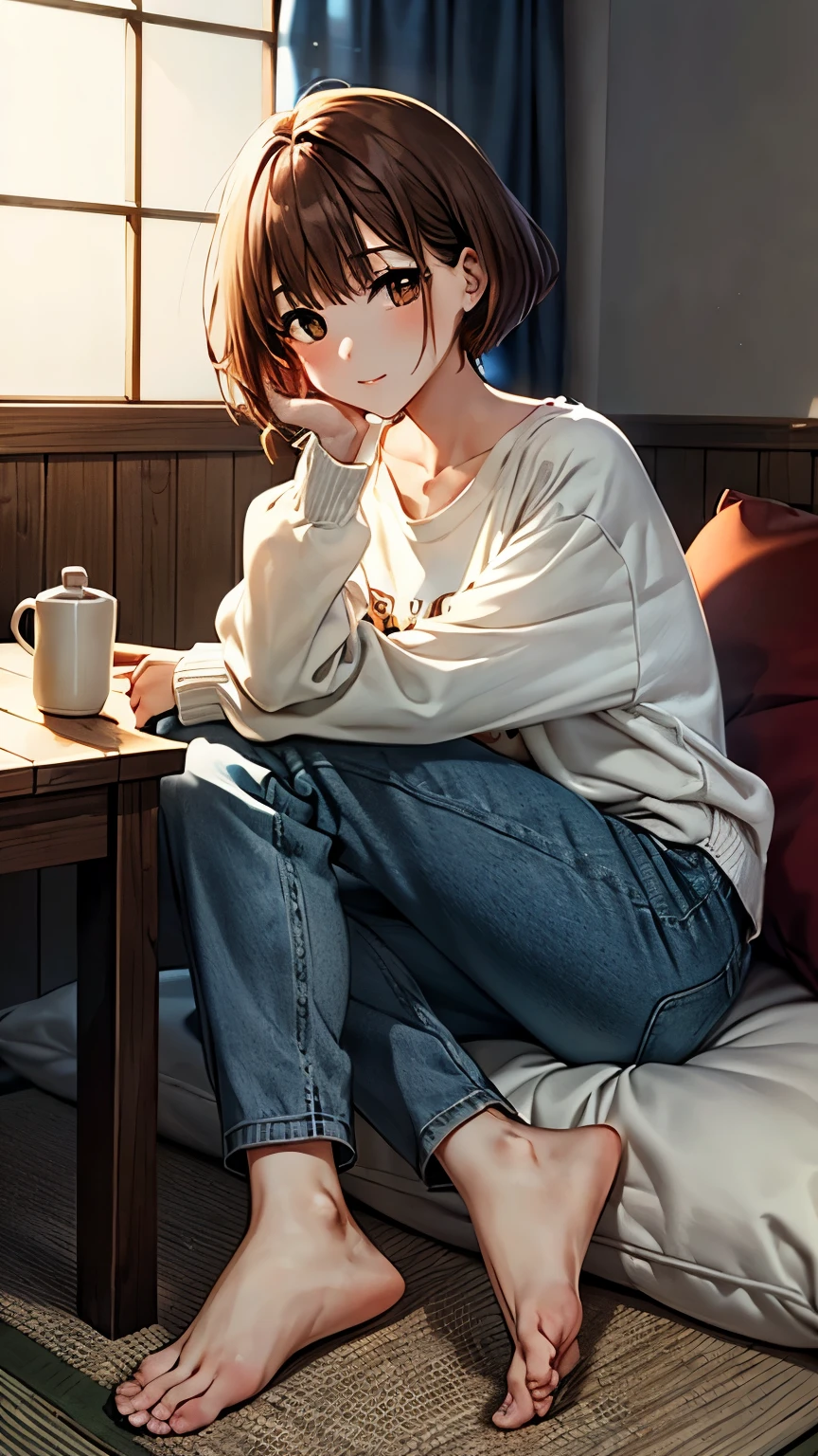 An anime-style 25-year-old Japanese mother named Shiori with a fluffy orange bob cut and gentle brown eyes. She is wearing an orange long-sleeved T-shirt and blue jeans, complemented by comfortable slippers. She is barefoot and depicted from head to toe in a cozy living room with minimal furniture, either doing housework or resting after chores. A vase with fresh flowers sits on a nearby table. High detail, soft lighting, peaceful atmosphere.