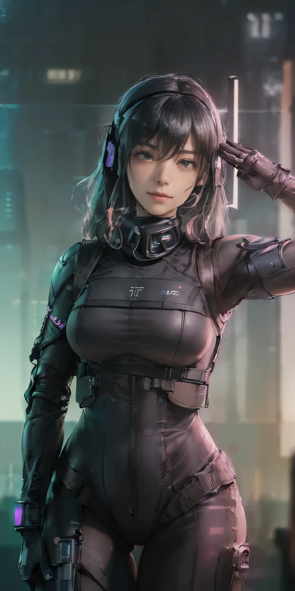 dreamy cyberpunk girl，独奏, full-body tights, tmasterpiece, Best quality at best, realisticlying, ultra - detailed, (shiny skins, perspired:1.4), , looking at viewert, with short black hair, with brown eye,slenderness,Dynamic light and shadow,A high resolution,Sharp focus,depth of fields,The eyes are delicate,Sharp pupils,pupil realistic,Cyberpunk Street，horse tailed, wojtek fus, perfect android girl,，Cyberpunk 2 0 y. o model girl，female cyberpunk anime girl，high high quality --auto