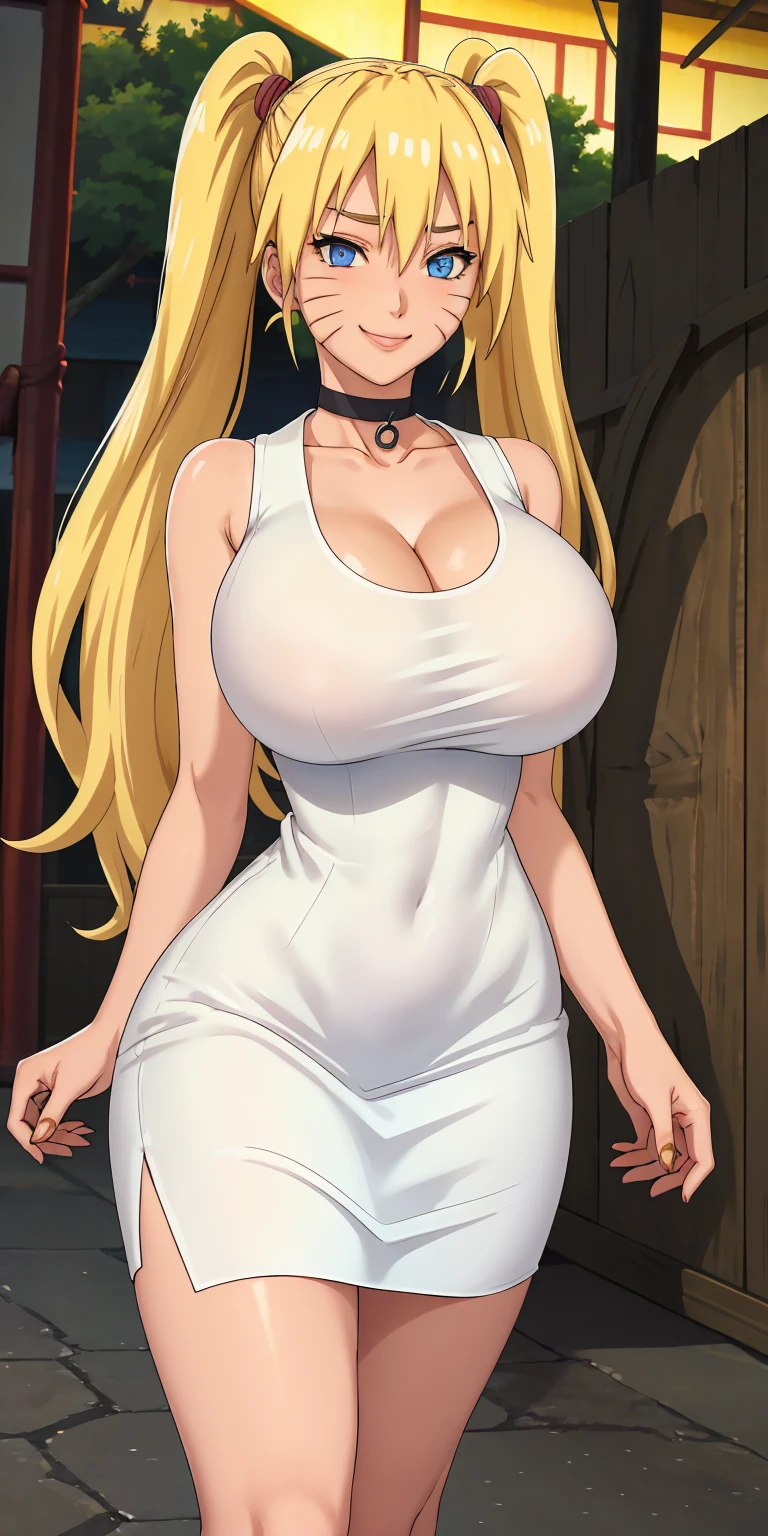 masterpiece, best quality, extremely detail 8k cg, high resolution, 1girl, solo, mature female, WhiteShirt_SexyJusuNaruto_Naruko_ownwaifu, 1girl, blonde hair, naruko \(naruto\), twintails, long hair, facial mark, whiskers, whisker markings, blue eyes, huge breasts, hair between eyes, bangs, white dress, mini dress, tight dress, shirt, sleeveless, cleavage, choker, collarbone, titsonastick, night time, outdoors, konohavillage, beautiful face, seductive expression, smirk, medium full shot 