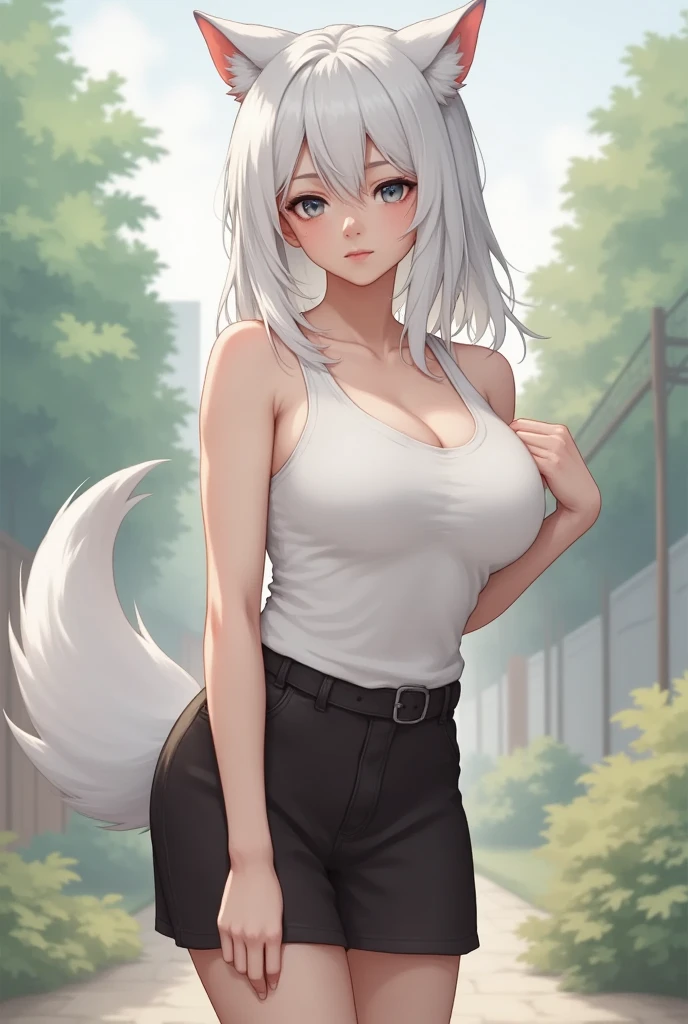 Solo, Woman, standing , white tank top, black miniskirt, white hair, white cat ears, white furry fox tail, garden background